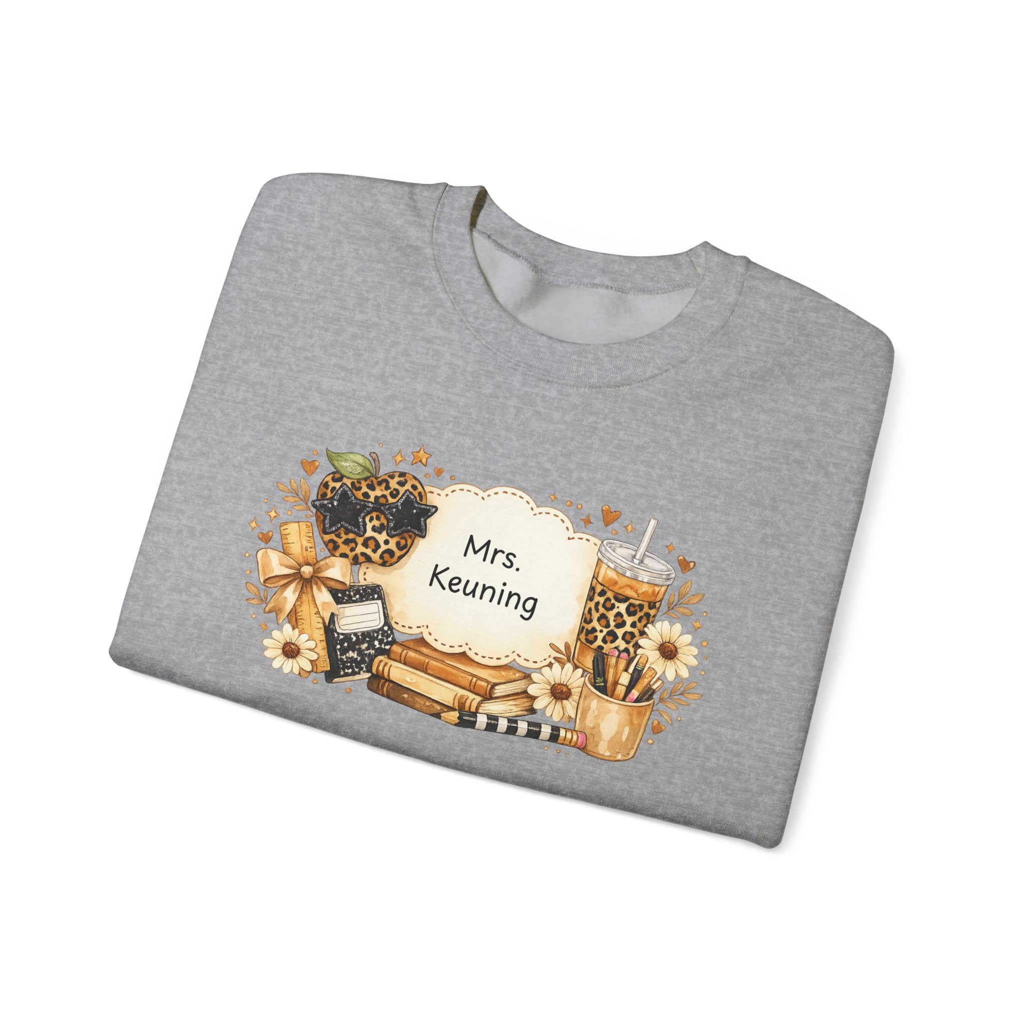 Personalized Teacher Sweatshirt | Custom Teacher Name Crewneck | Leopard Apple & Coffee Teacher Sweatshirt | Back to School Teacher Gift