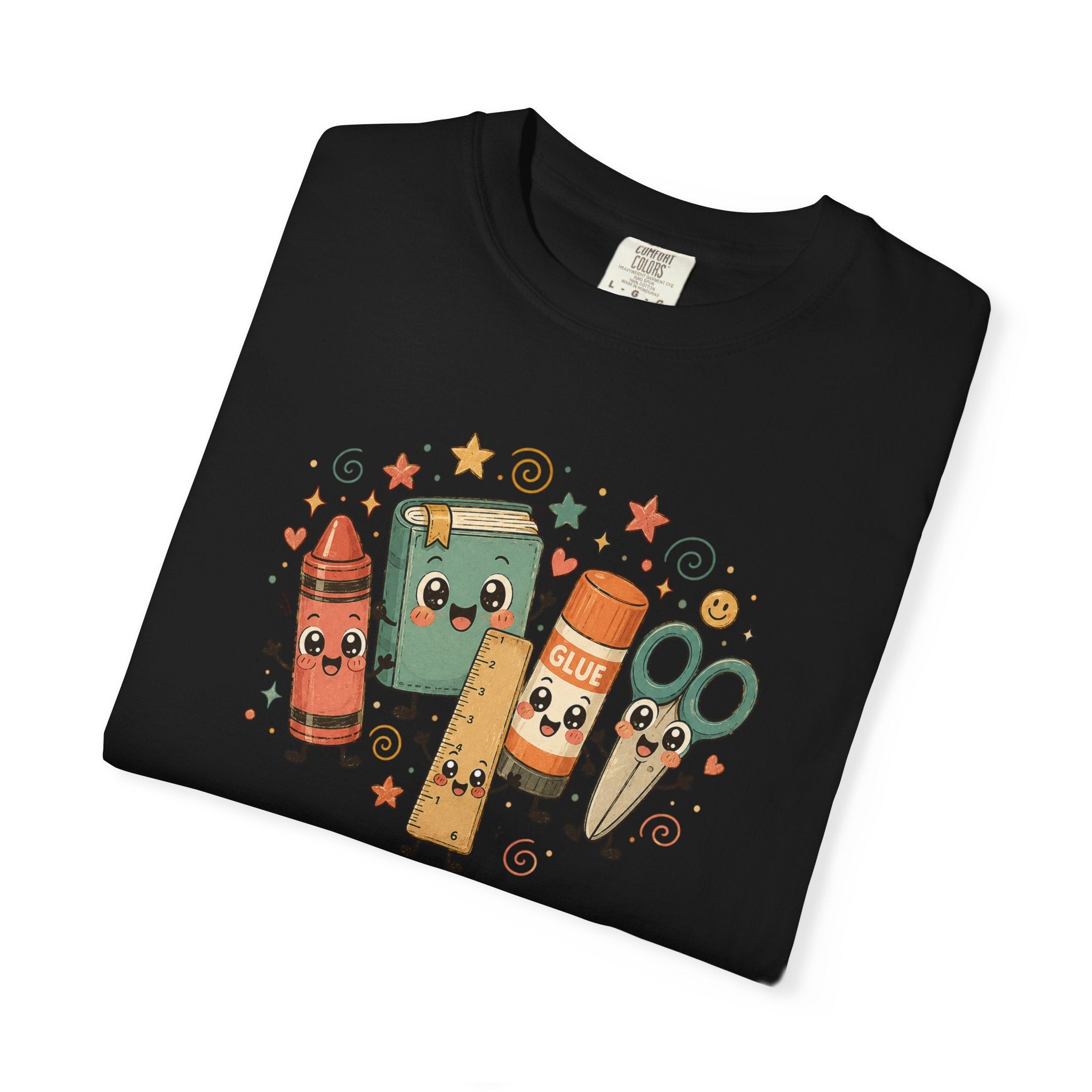 Cute Teacher Doodle Shirt | Kawaii School Supplies Tee | Happy Crayon Book Glue Scissors | Back to School Teacher Gift | Classroom Graphic Tee