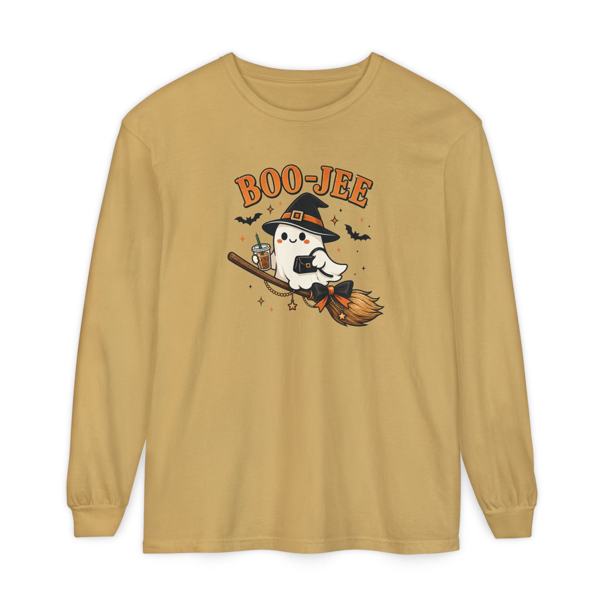 BOO-JEE Ghost Shirt | Cute Witch Ghost Riding Broom Coffee Halloween Graphic Tee | Spooky Season Comfort Colors T-Shirt
