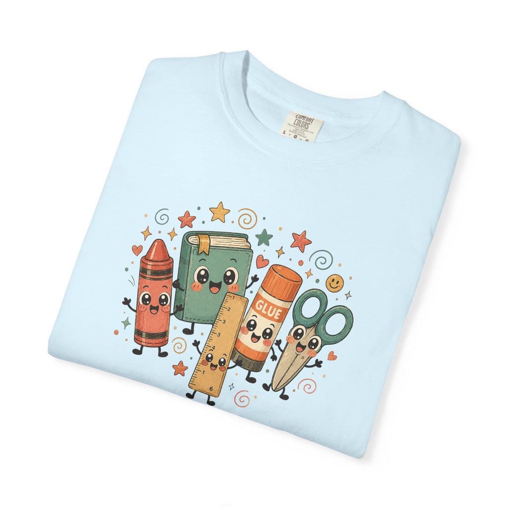 Cute Teacher Doodle Shirt | Kawaii School Supplies Tee | Happy Crayon Book Glue Scissors | Back to School Teacher Gift | Classroom Graphic Tee