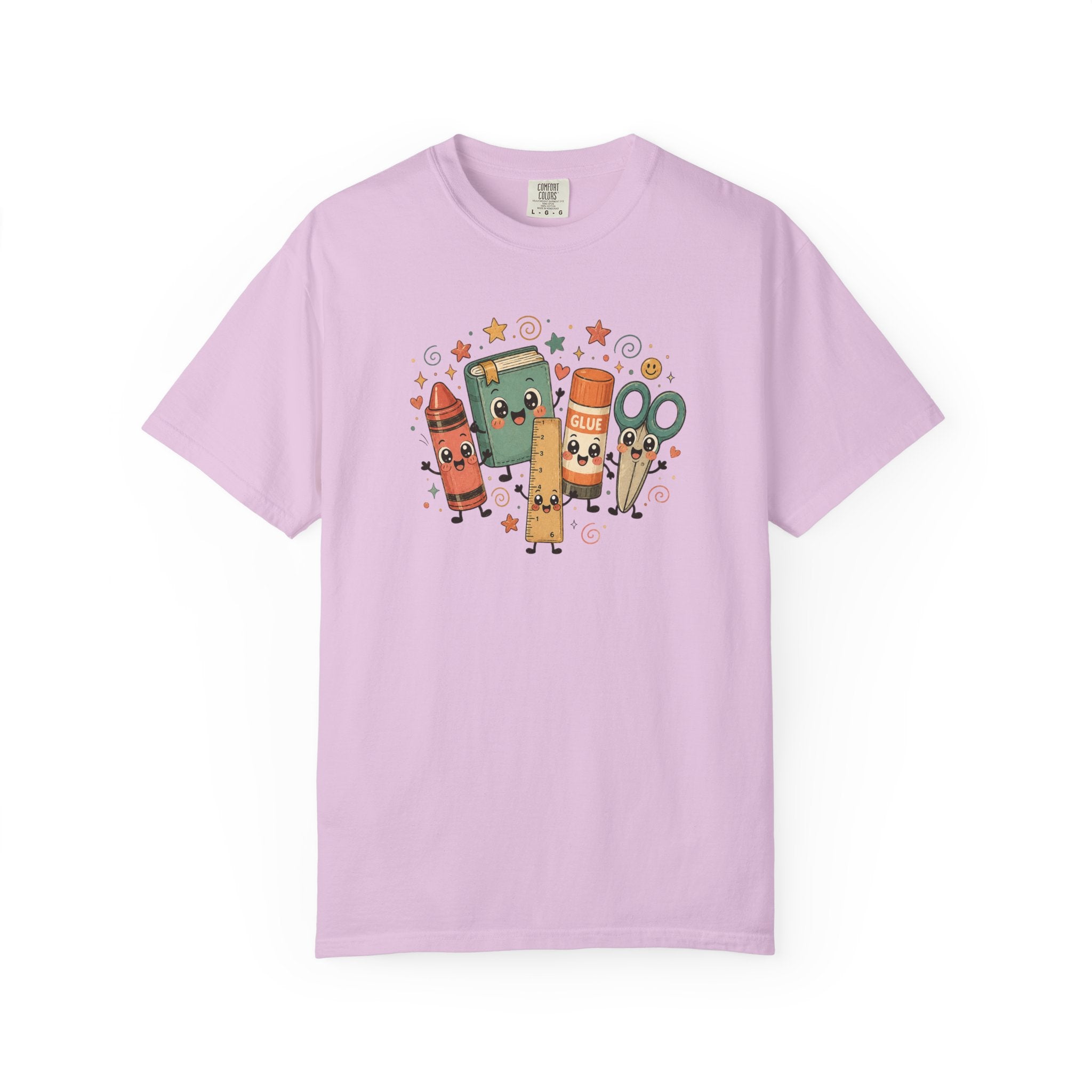 Cute Teacher Doodle Shirt | Kawaii School Supplies Tee | Happy Crayon Book Glue Scissors | Back to School Teacher Gift | Classroom Graphic Tee