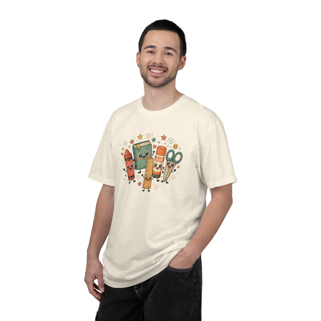 Cute Teacher Doodle Shirt | Kawaii School Supplies Tee | Happy Crayon Book Glue Scissors | Back to School Teacher Gift | Classroom Graphic Tee
