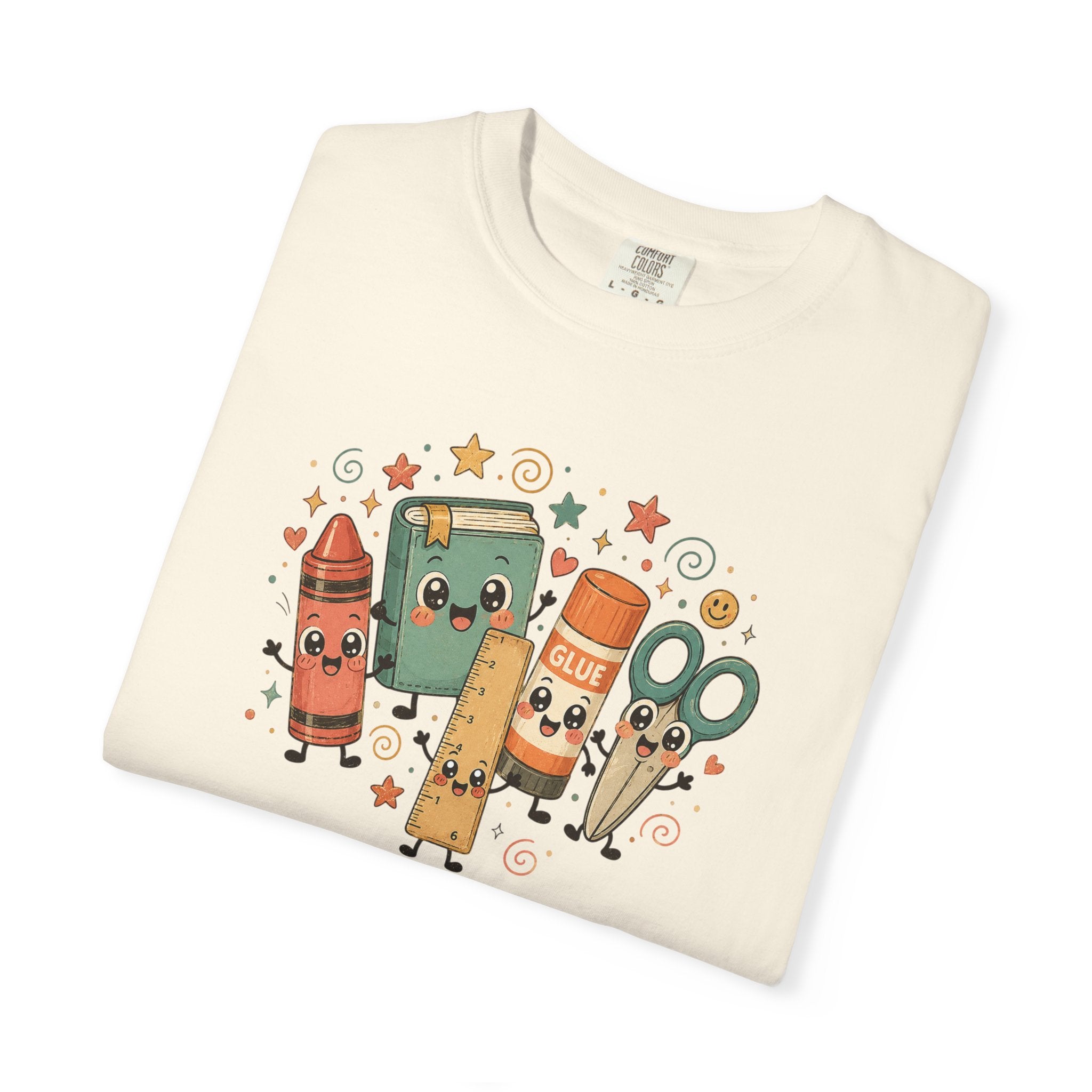 Cute Teacher Doodle Shirt | Kawaii School Supplies Tee | Happy Crayon Book Glue Scissors | Back to School Teacher Gift | Classroom Graphic Tee