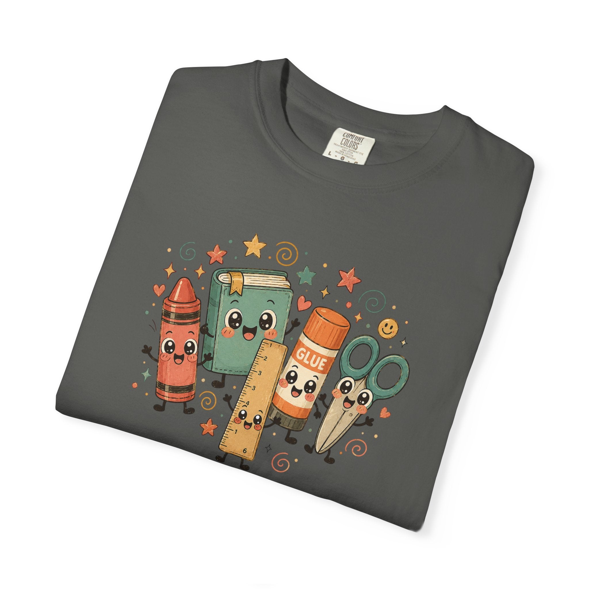 Cute Teacher Doodle Shirt | Kawaii School Supplies Tee | Happy Crayon Book Glue Scissors | Back to School Teacher Gift | Classroom Graphic Tee