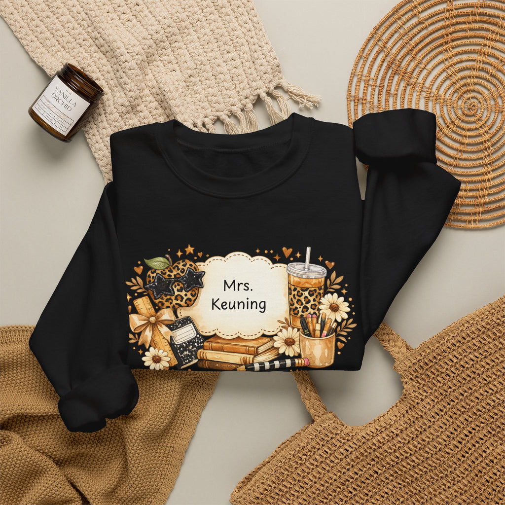Personalized Teacher Sweatshirt | Custom Teacher Name Crewneck | Leopard Apple & Coffee Teacher Sweatshirt | Back to School Teacher Gift