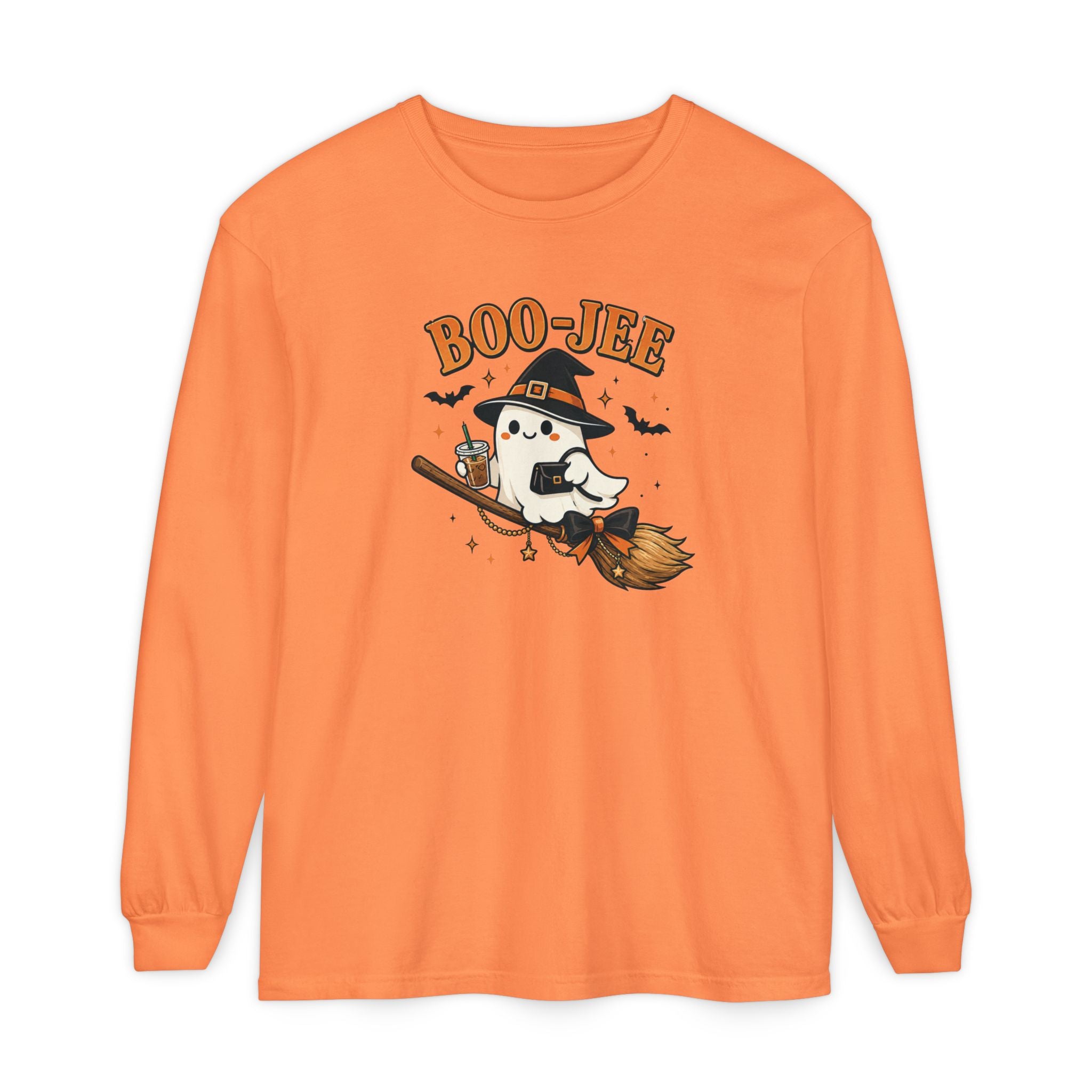 BOO-JEE Ghost Shirt | Cute Witch Ghost Riding Broom Coffee Halloween Graphic Tee | Spooky Season Comfort Colors T-Shirt