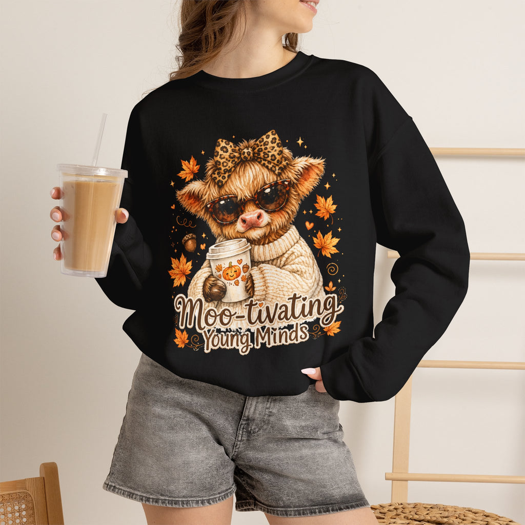 Moo-tivating Young Minds Sweatshirt | Cute Highland Cow Teacher Crewneck