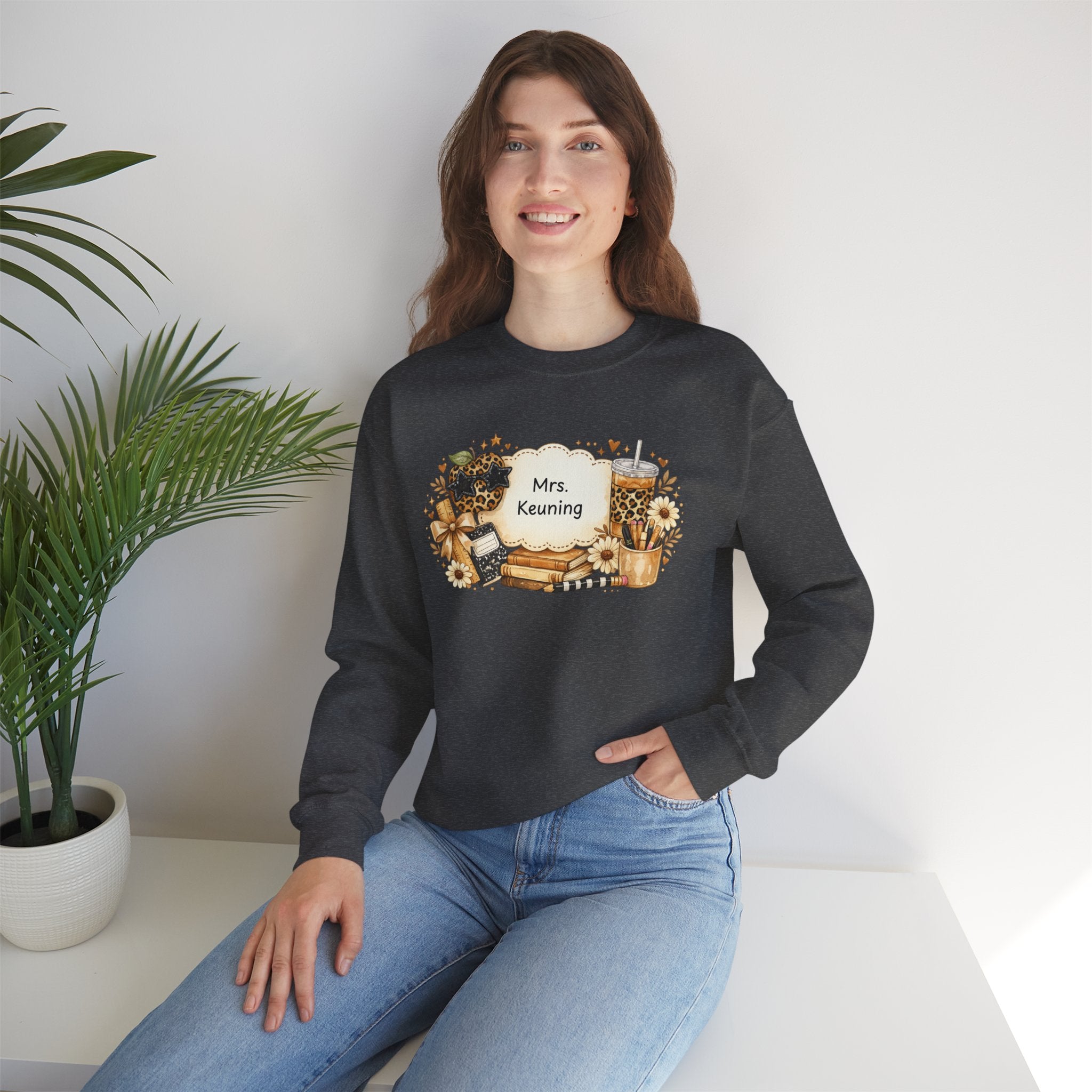 Personalized Teacher Sweatshirt | Custom Teacher Name Crewneck | Leopard Apple & Coffee Teacher Sweatshirt | Back to School Teacher Gift