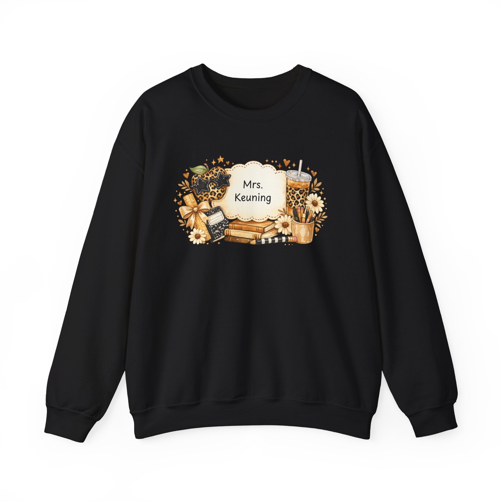 Personalized Teacher Sweatshirt | Custom Teacher Name Crewneck | Leopard Apple & Coffee Teacher Sweatshirt | Back to School Teacher Gift