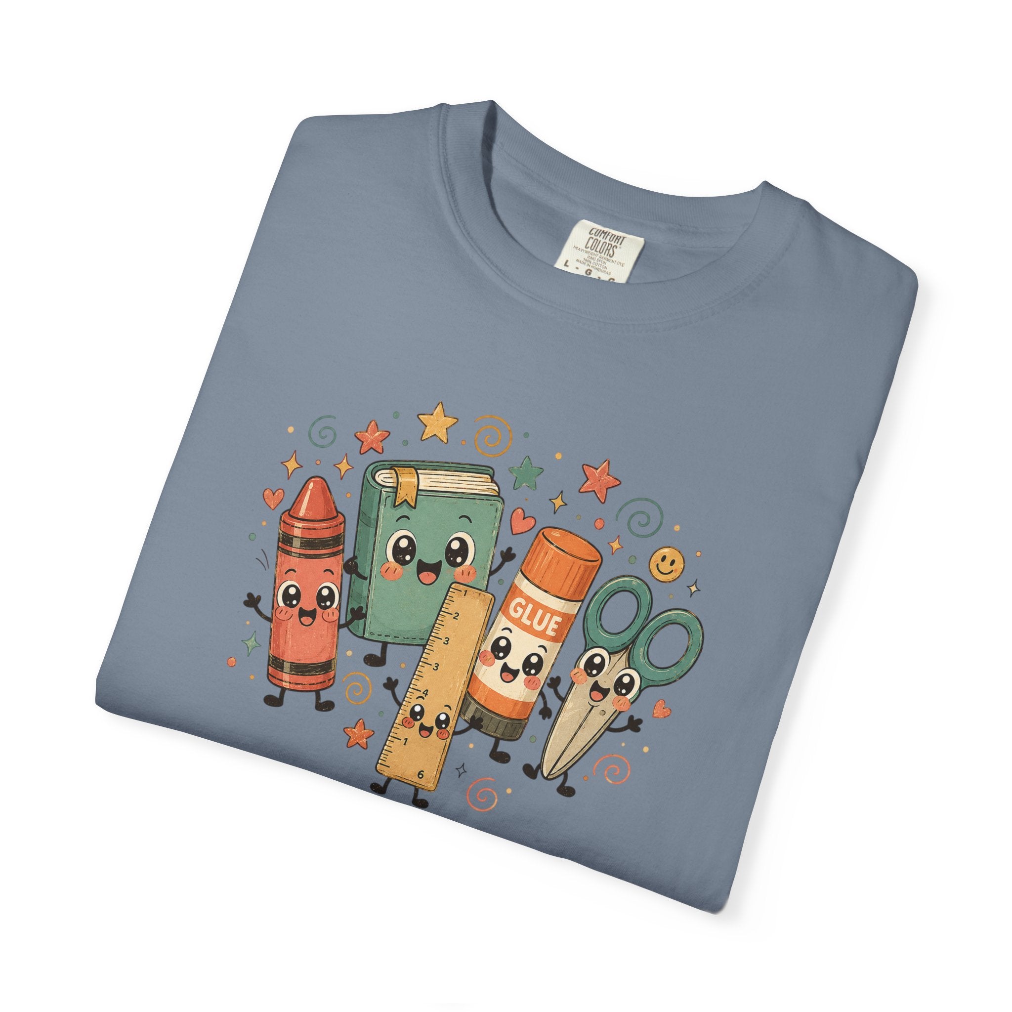 Cute Teacher Doodle Shirt | Kawaii School Supplies Tee | Happy Crayon Book Glue Scissors | Back to School Teacher Gift | Classroom Graphic Tee