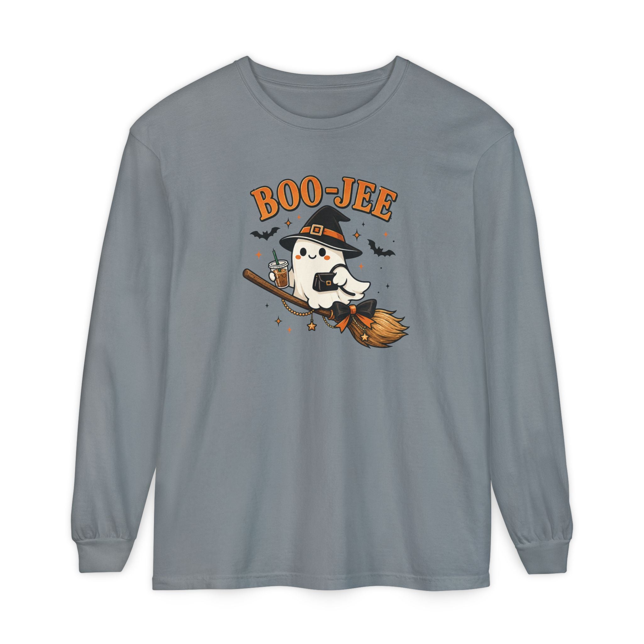BOO-JEE Ghost Shirt | Cute Witch Ghost Riding Broom Coffee Halloween Graphic Tee | Spooky Season Comfort Colors T-Shirt
