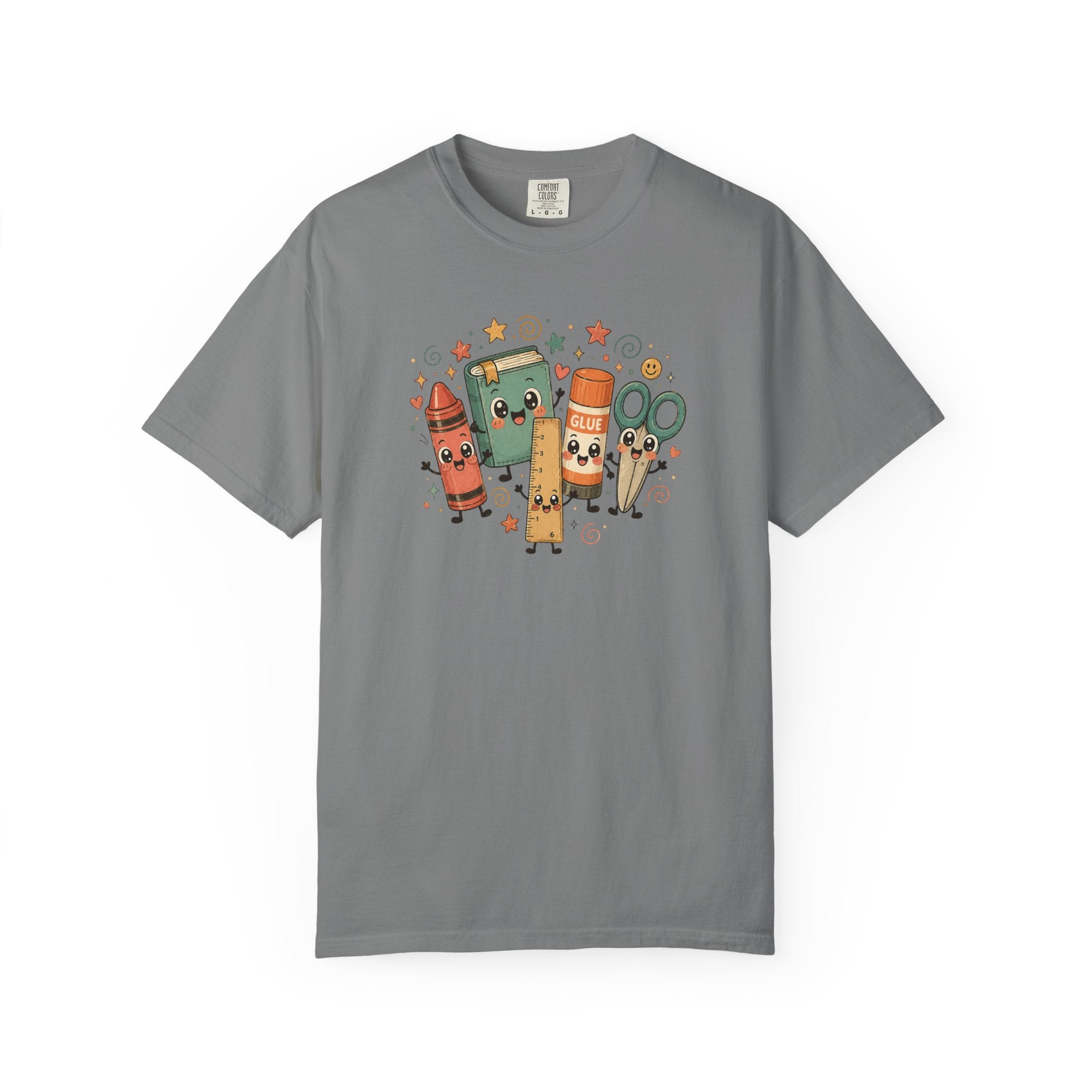 Cute Teacher Doodle Shirt | Kawaii School Supplies Tee | Happy Crayon Book Glue Scissors | Back to School Teacher Gift | Classroom Graphic Tee