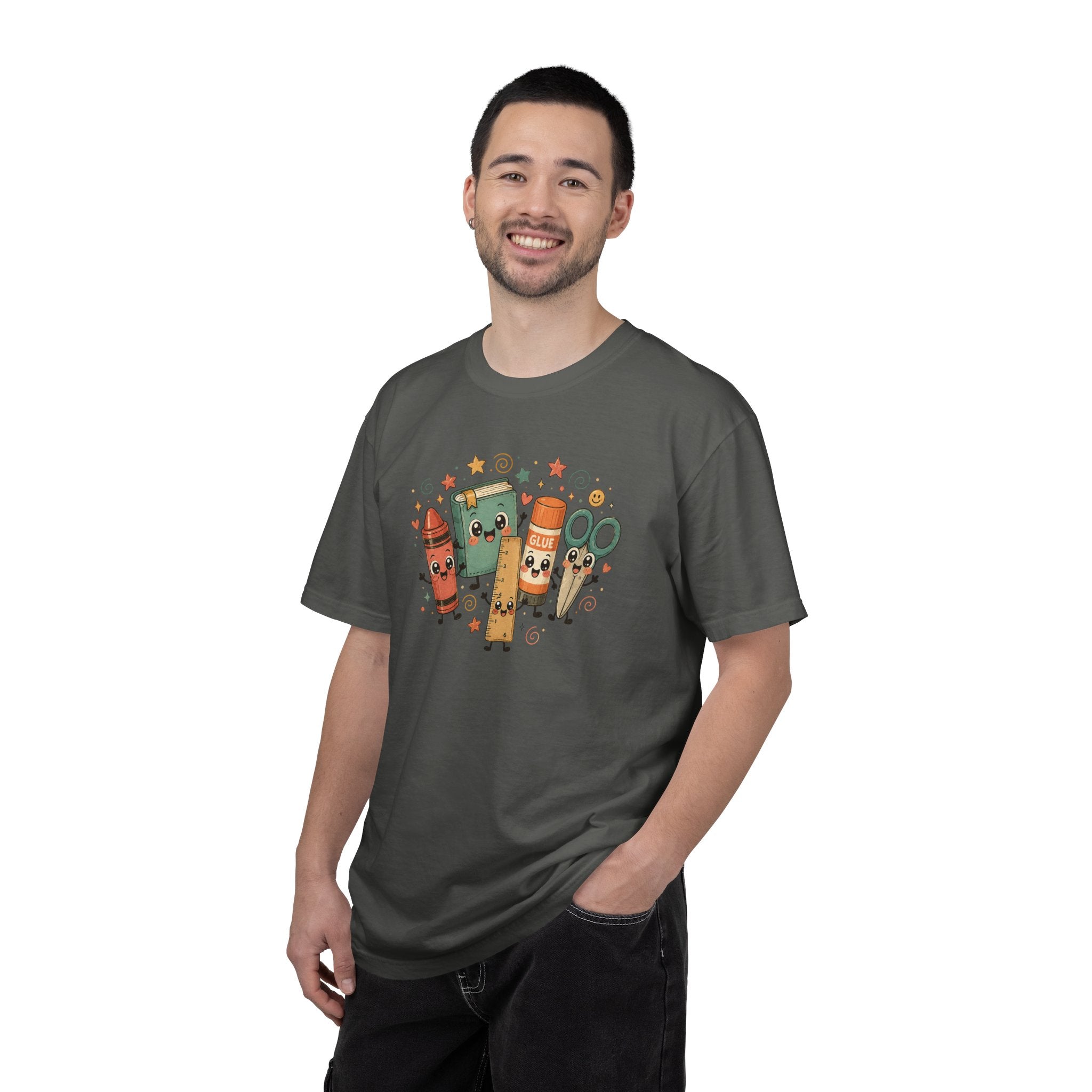 Cute Teacher Doodle Shirt | Kawaii School Supplies Tee | Happy Crayon Book Glue Scissors | Back to School Teacher Gift | Classroom Graphic Tee