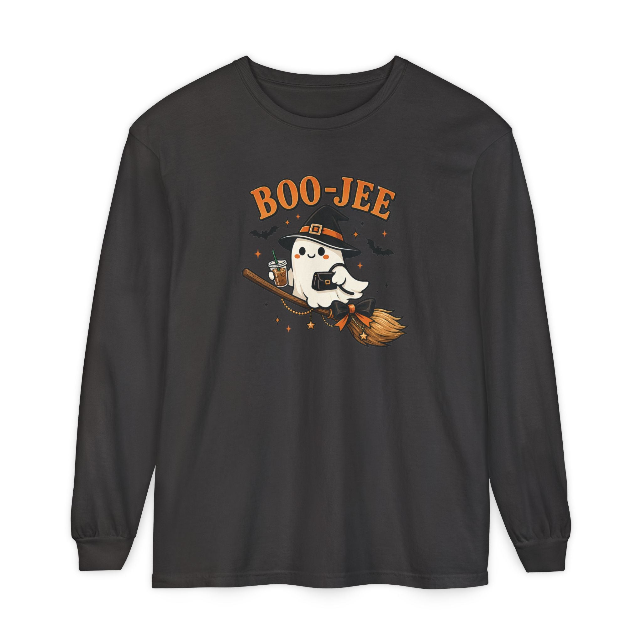 BOO-JEE Ghost Shirt | Cute Witch Ghost Riding Broom Coffee Halloween Graphic Tee | Spooky Season Comfort Colors T-Shirt