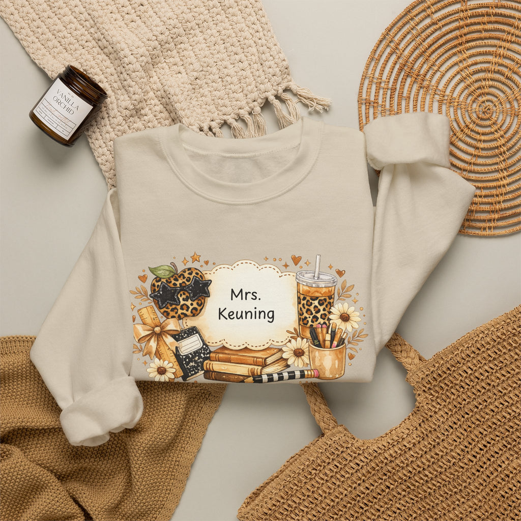 Personalized Teacher Sweatshirt | Custom Teacher Name Crewneck | Leopard Apple & Coffee Teacher Sweatshirt | Back to School Teacher Gift