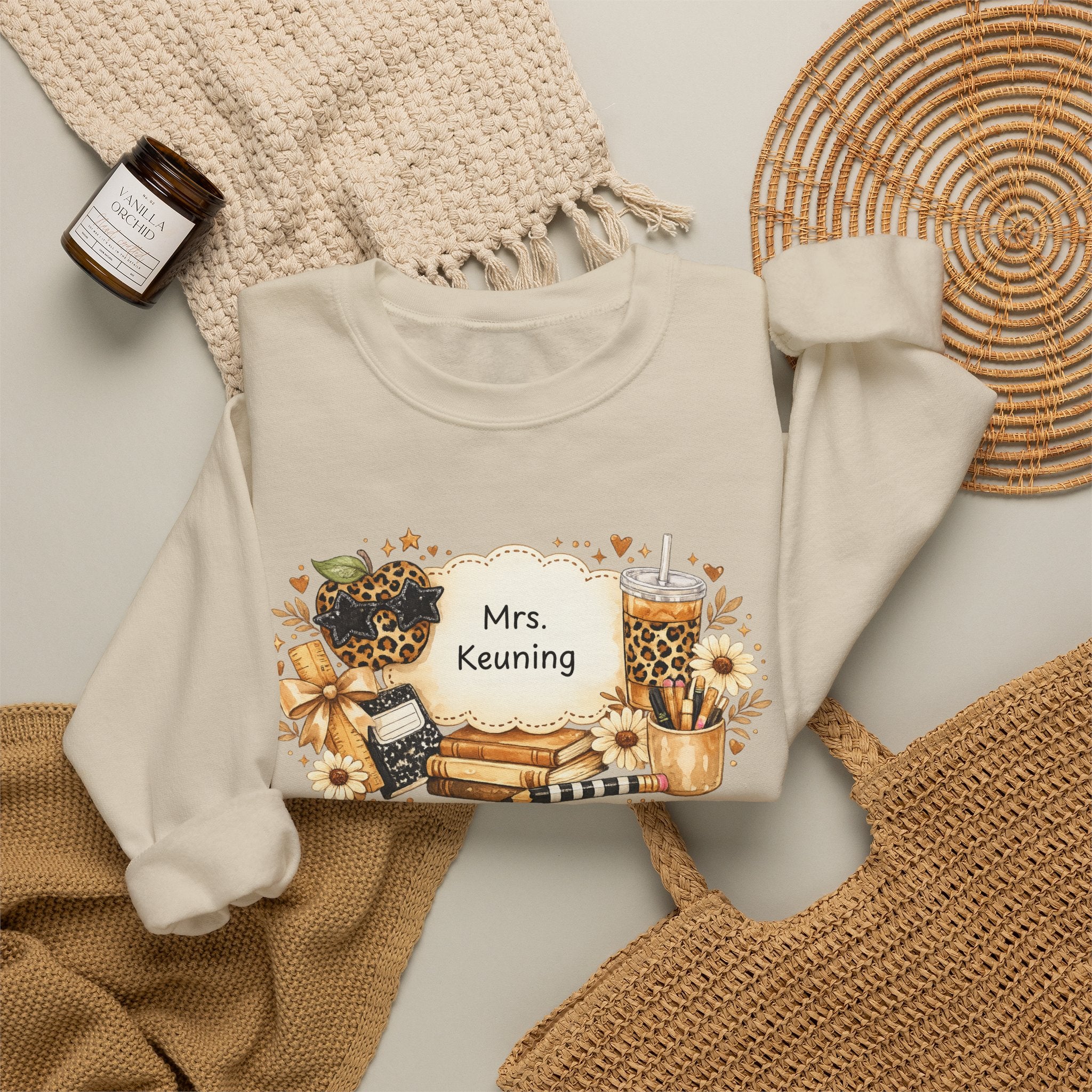 Personalized Teacher Sweatshirt | Custom Teacher Name Crewneck | Leopard Apple & Coffee Teacher Sweatshirt | Back to School Teacher Gift