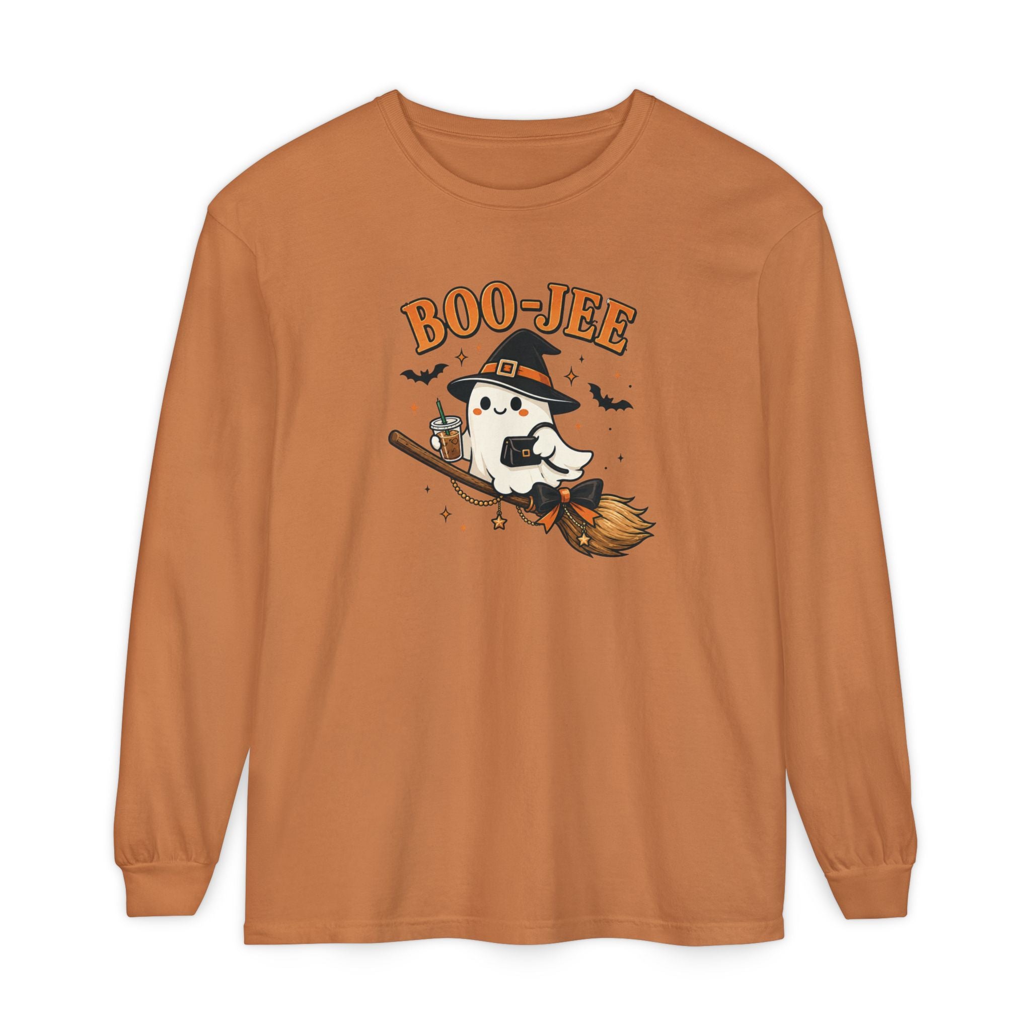 BOO-JEE Ghost Shirt | Cute Witch Ghost Riding Broom Coffee Halloween Graphic Tee | Spooky Season Comfort Colors T-Shirt