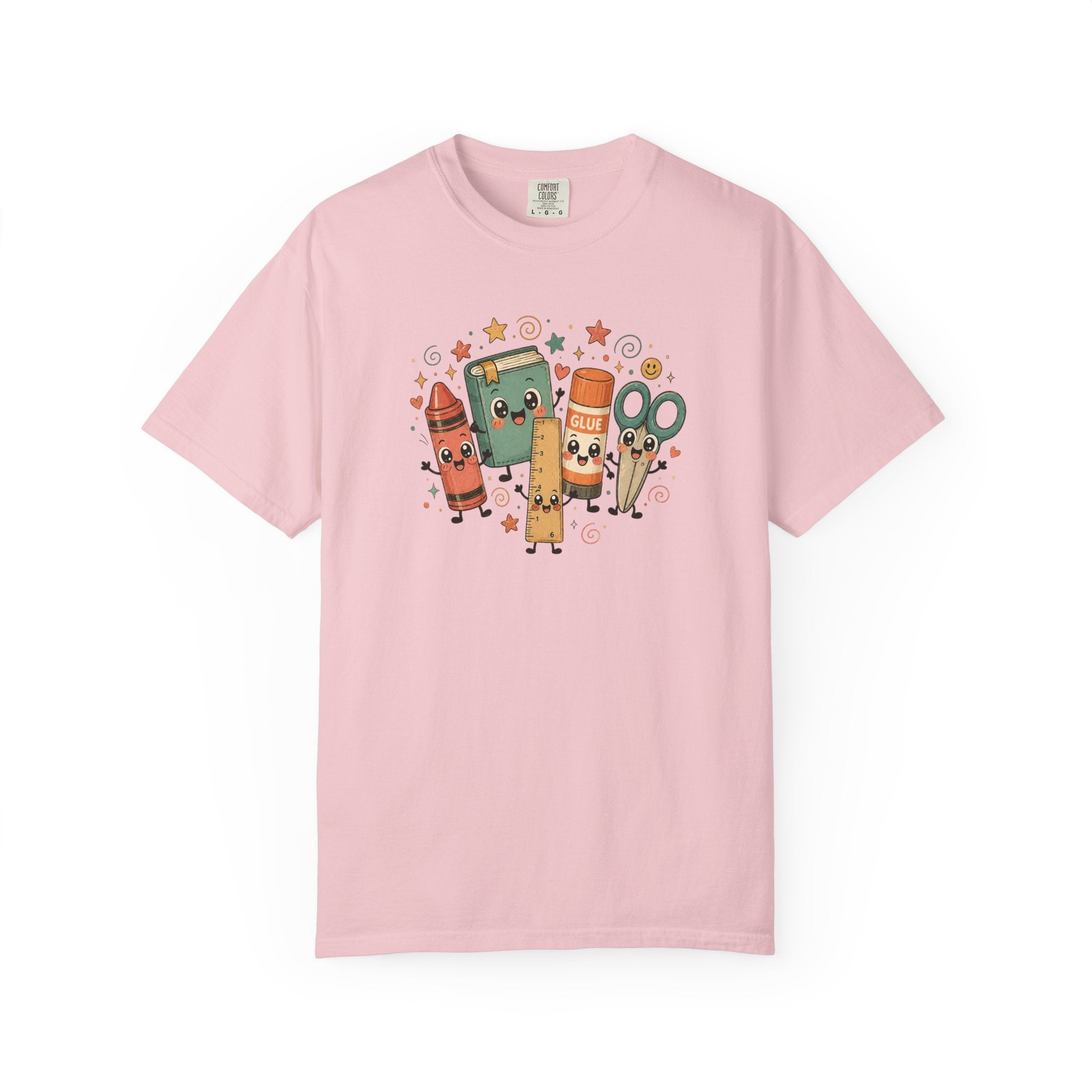 Cute Teacher Doodle Shirt | Kawaii School Supplies Tee | Happy Crayon Book Glue Scissors | Back to School Teacher Gift | Classroom Graphic Tee