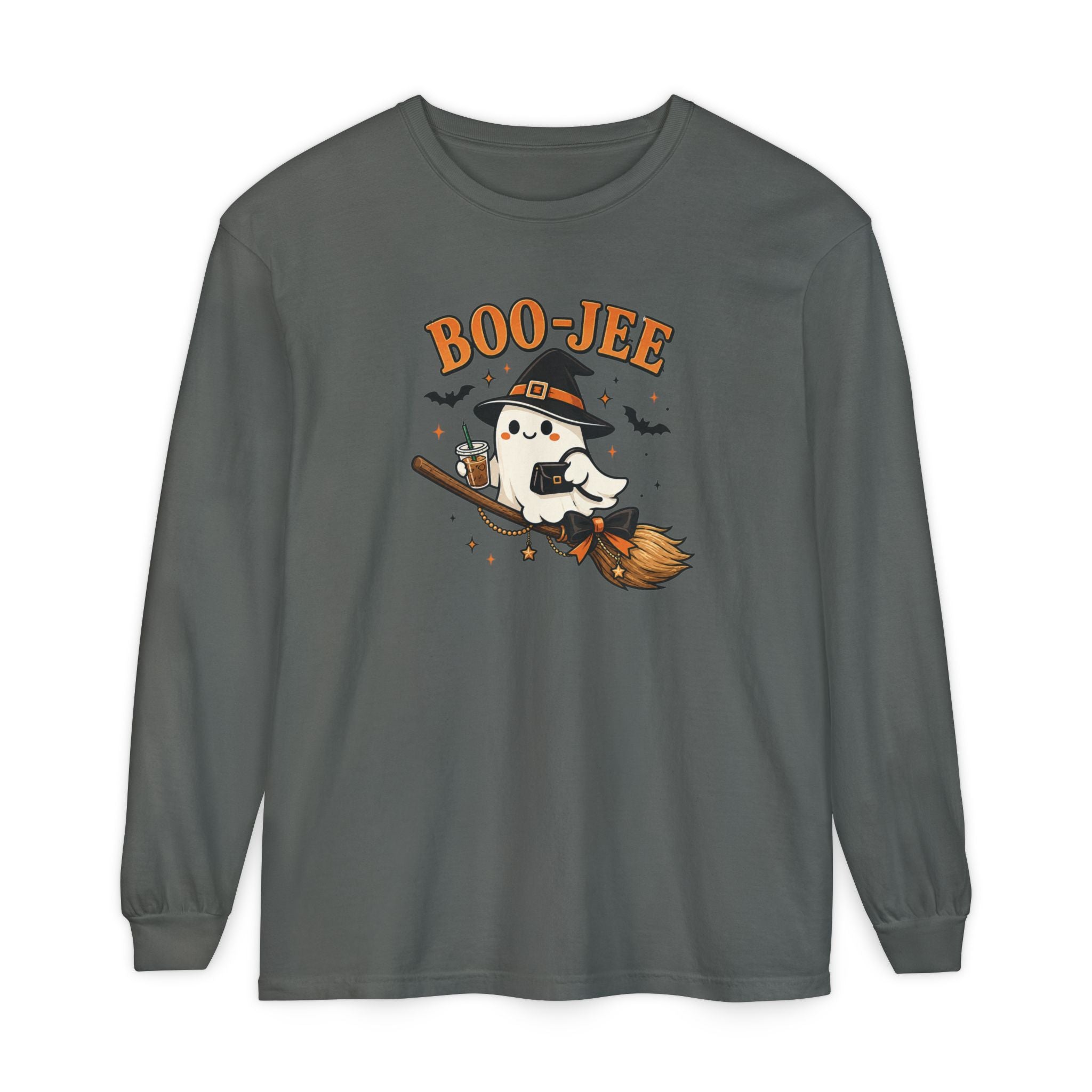 BOO-JEE Ghost Shirt | Cute Witch Ghost Riding Broom Coffee Halloween Graphic Tee | Spooky Season Comfort Colors T-Shirt