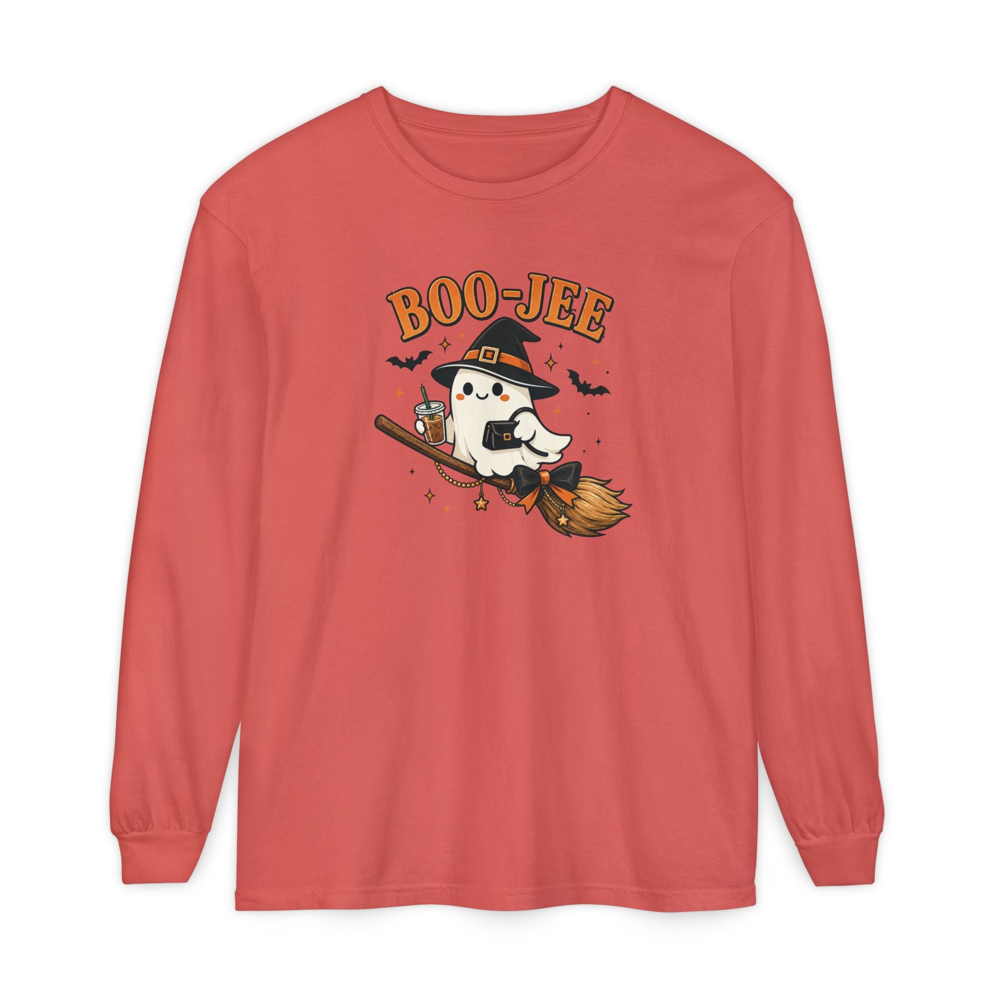 BOO-JEE Ghost Shirt | Cute Witch Ghost Riding Broom Coffee Halloween Graphic Tee | Spooky Season Comfort Colors T-Shirt