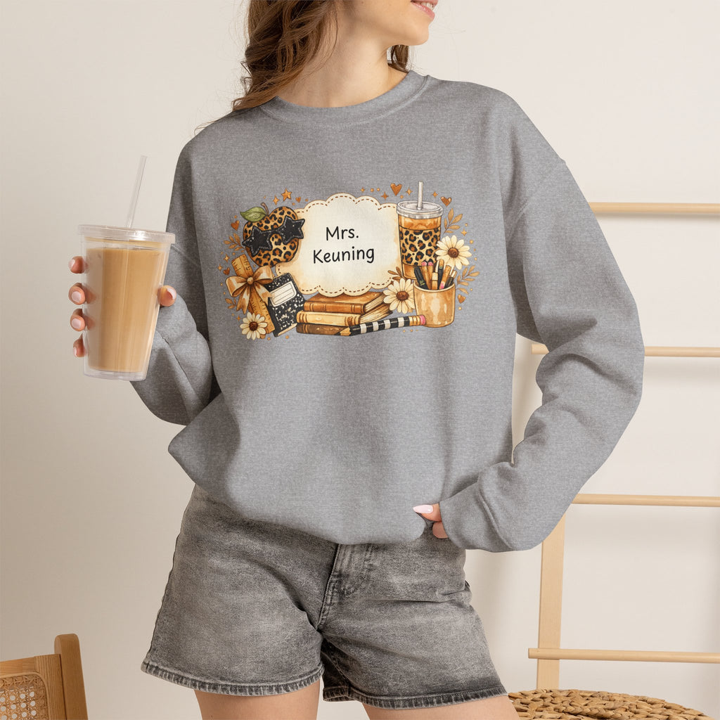Personalized Teacher Sweatshirt | Custom Teacher Name Crewneck | Leopard Apple & Coffee Teacher Sweatshirt | Back to School Teacher Gift