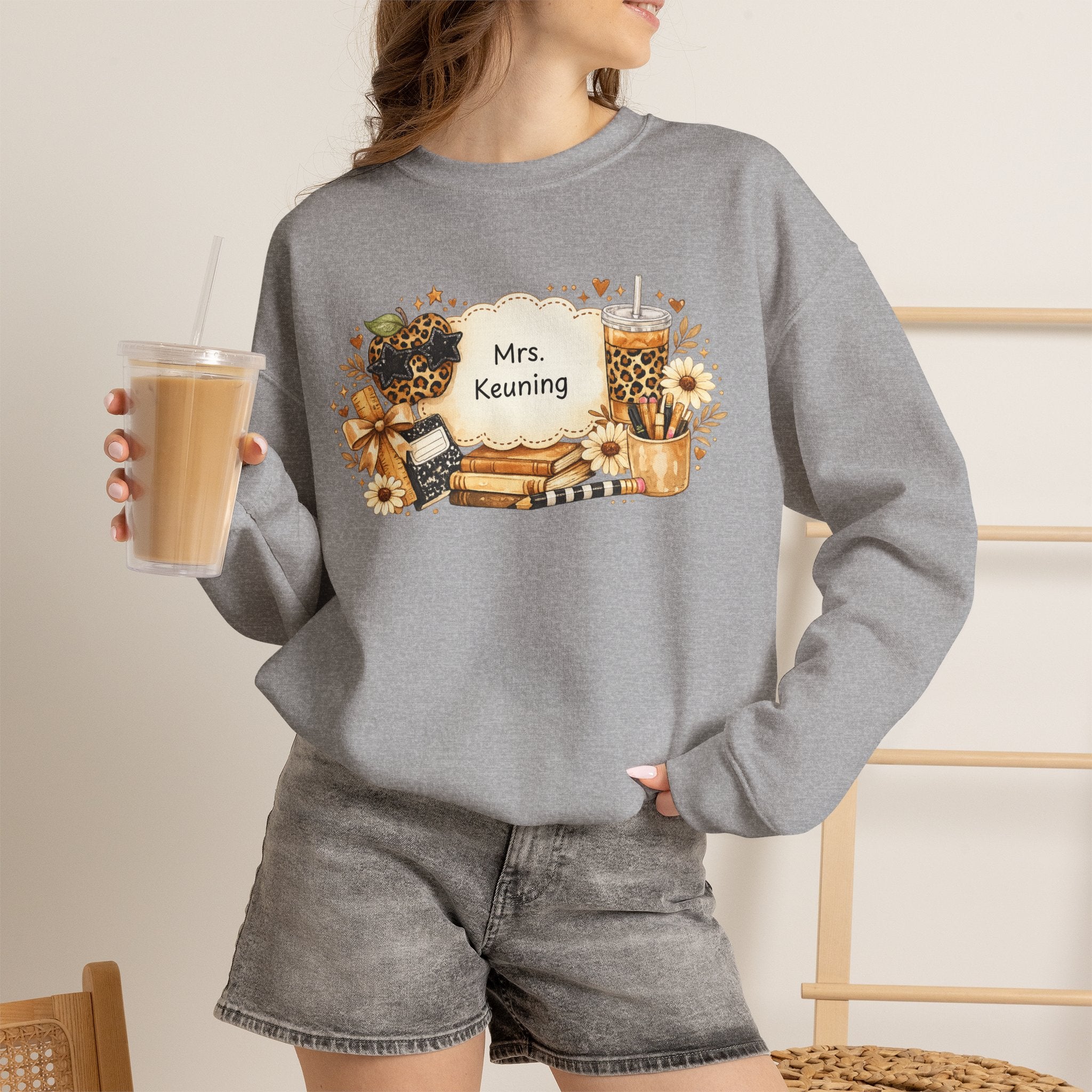 Personalized Teacher Sweatshirt | Custom Teacher Name Crewneck | Leopard Apple & Coffee Teacher Sweatshirt | Back to School Teacher Gift
