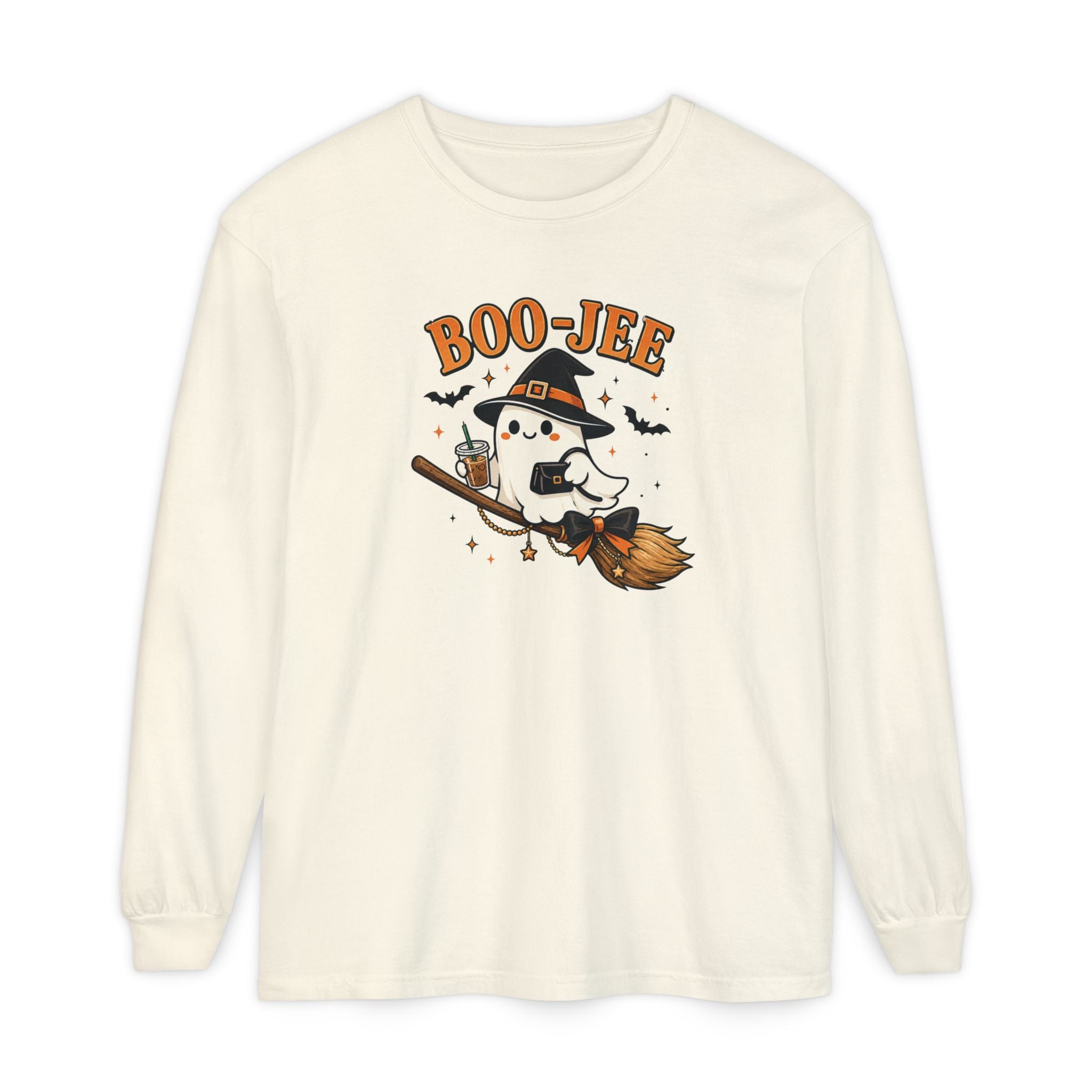 BOO-JEE Ghost Shirt | Cute Witch Ghost Riding Broom Coffee Halloween Graphic Tee | Spooky Season Comfort Colors T-Shirt