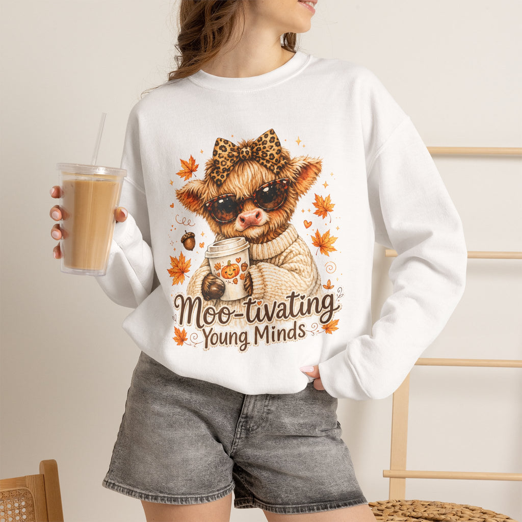Moo-tivating Young Minds Sweatshirt | Cute Highland Cow Teacher Crewneck