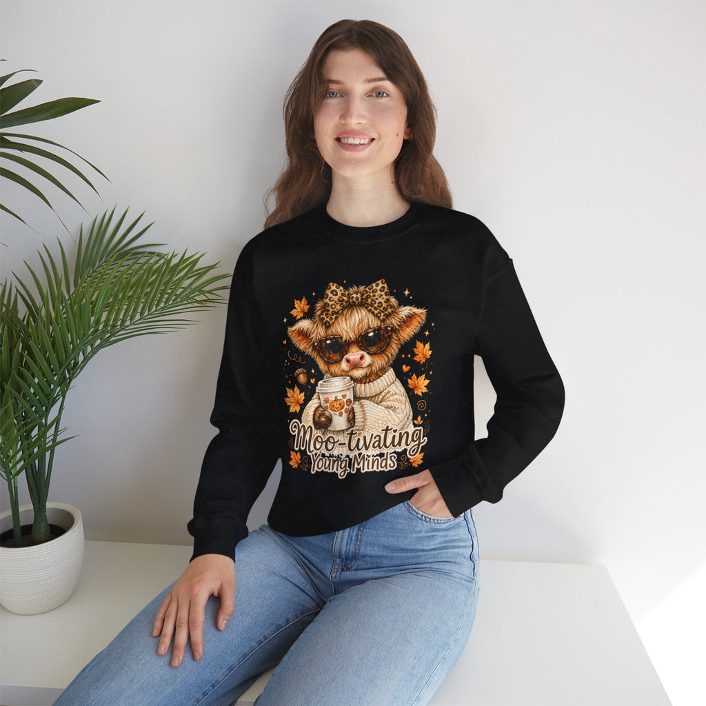 Moo-tivating Young Minds Sweatshirt | Cute Highland Cow Teacher Crewneck