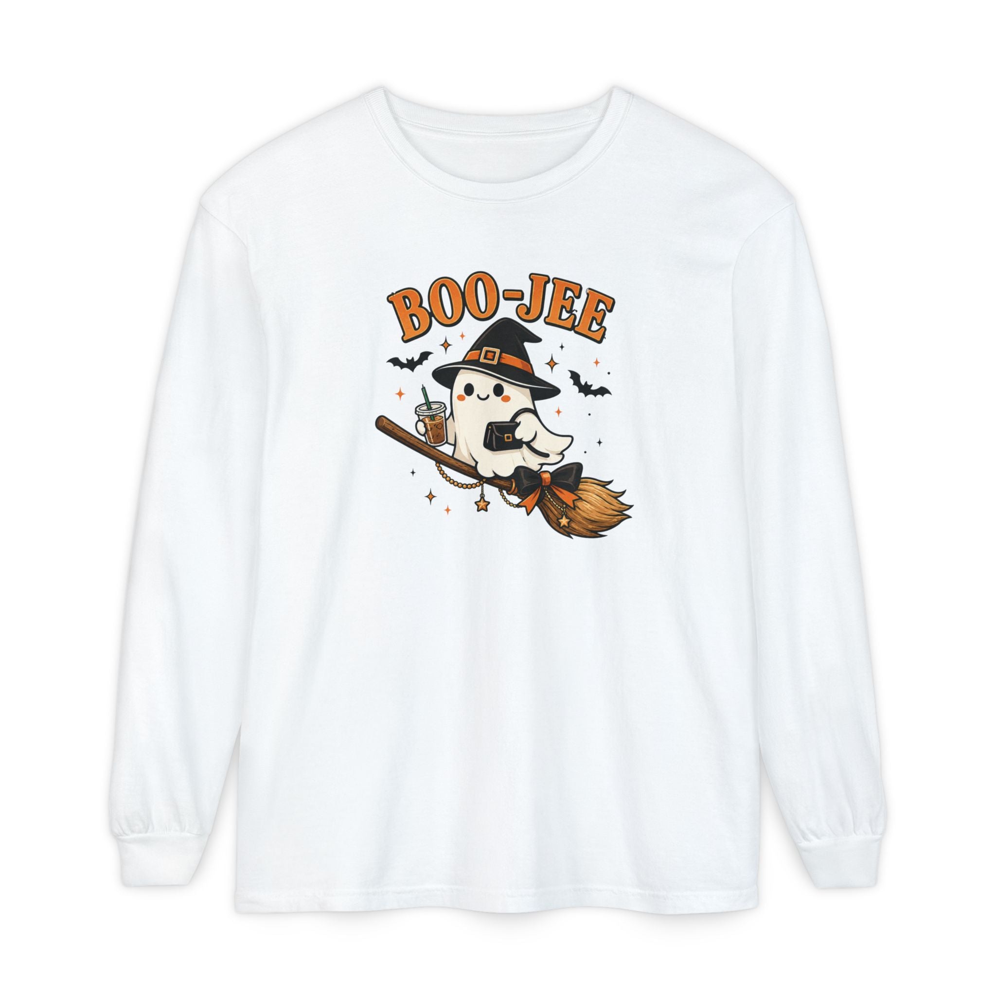 BOO-JEE Ghost Shirt | Cute Witch Ghost Riding Broom Coffee Halloween Graphic Tee | Spooky Season Comfort Colors T-Shirt