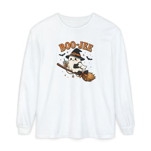 BOO-JEE Ghost Shirt | Cute Witch Ghost Riding Broom Coffee Halloween Graphic Tee | Spooky Season Comfort Colors T-Shirt