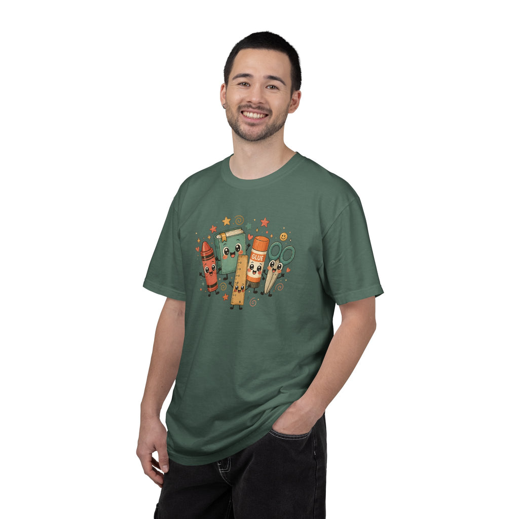 Cute Teacher Doodle Shirt | Kawaii School Supplies Tee | Happy Crayon Book Glue Scissors | Back to School Teacher Gift | Classroom Graphic Tee
