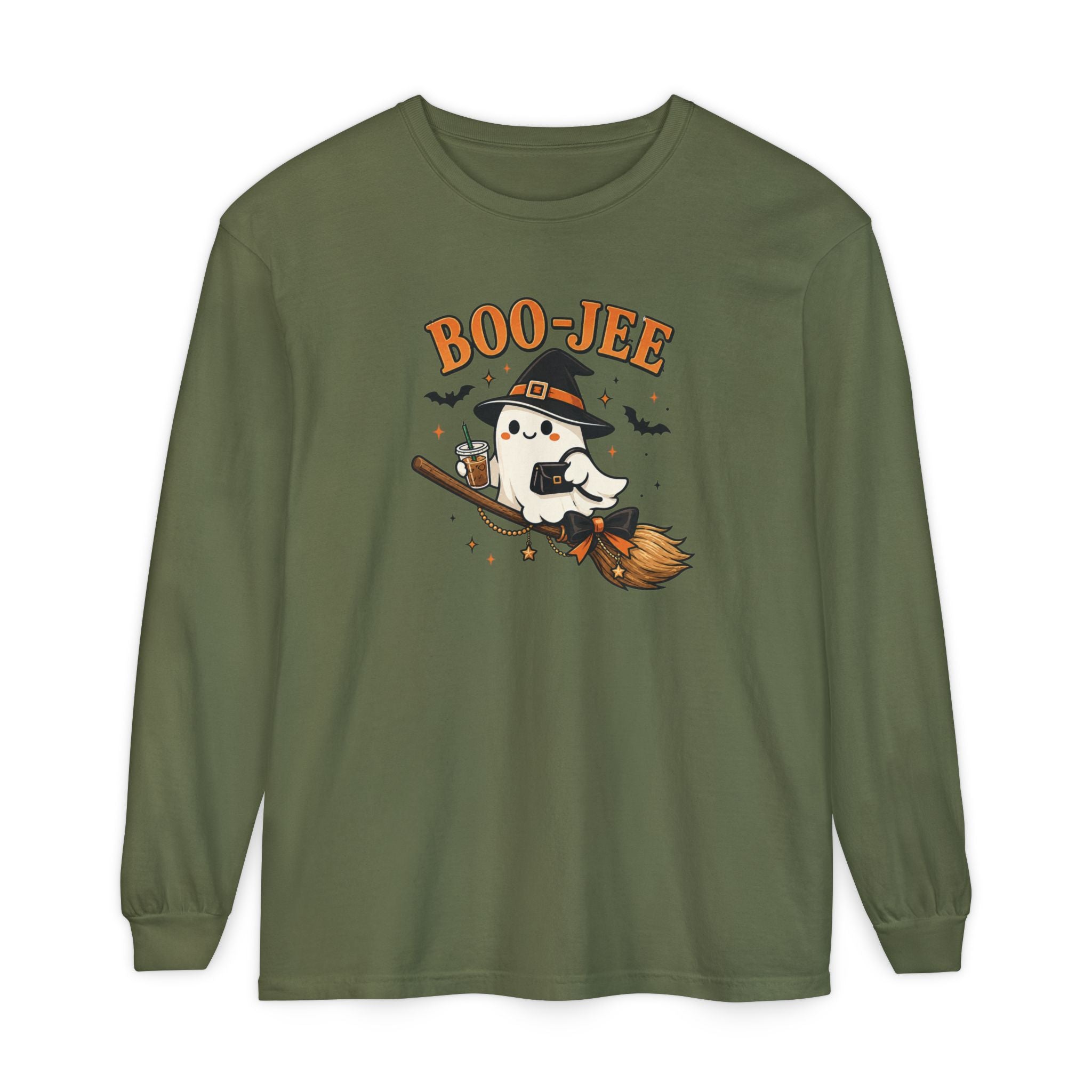 BOO-JEE Ghost Shirt | Cute Witch Ghost Riding Broom Coffee Halloween Graphic Tee | Spooky Season Comfort Colors T-Shirt
