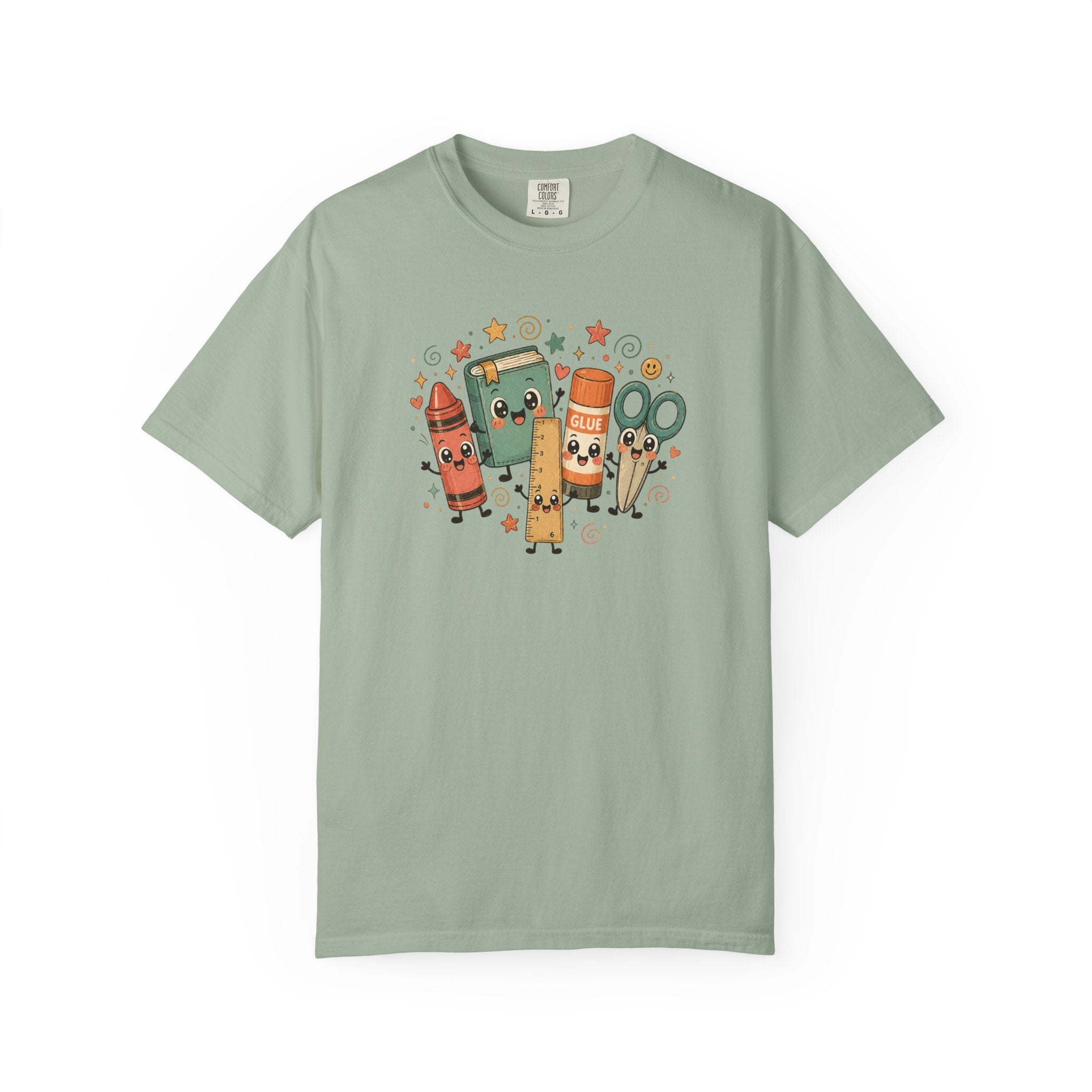 Cute Teacher Doodle Shirt | Kawaii School Supplies Tee | Happy Crayon Book Glue Scissors | Back to School Teacher Gift | Classroom Graphic Tee