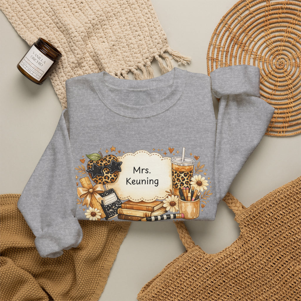 Personalized Teacher Sweatshirt | Custom Teacher Name Crewneck | Leopard Apple & Coffee Teacher Sweatshirt | Back to School Teacher Gift