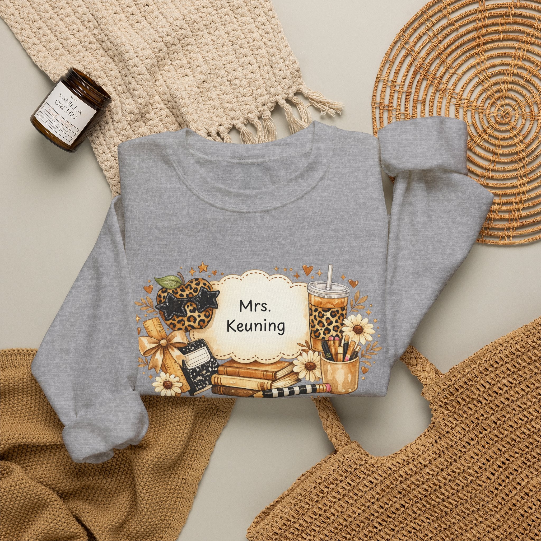 Personalized Teacher Sweatshirt | Custom Teacher Name Crewneck | Leopard Apple & Coffee Teacher Sweatshirt | Back to School Teacher Gift