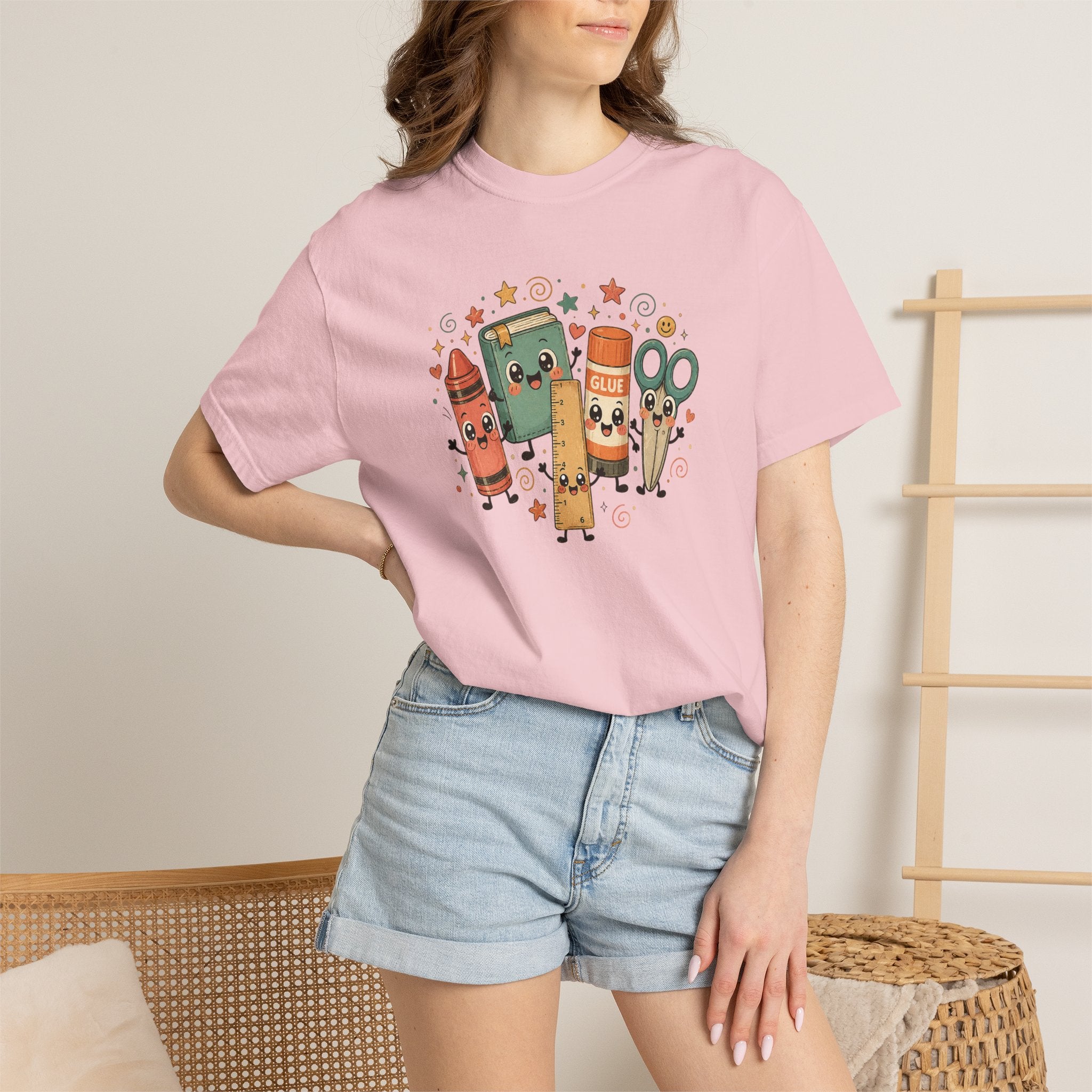 Cute Teacher Doodle Shirt | Kawaii School Supplies Tee | Happy Crayon Book Glue Scissors | Back to School Teacher Gift | Classroom Graphic Tee