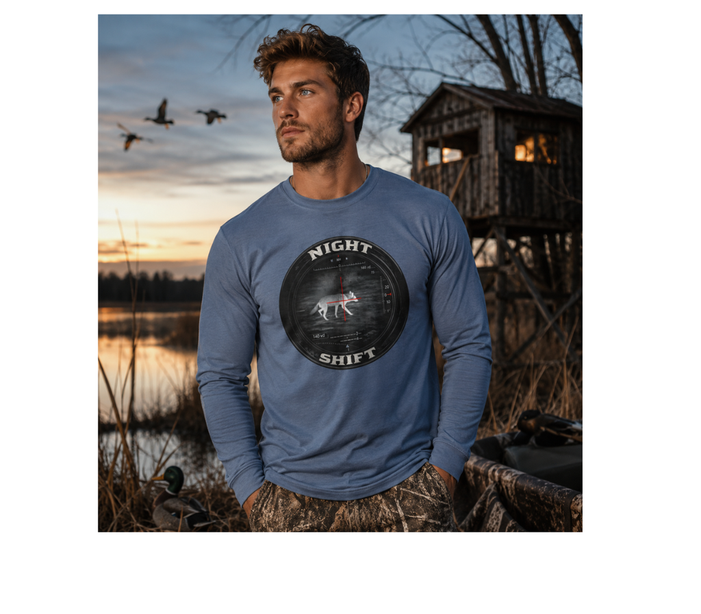 Night Shift Thermal Coyote Hunting Shirt | Predator Hunter Long Sleeve Tee | Night Vision Scope Graphic | Gift for Hunters | 3XL Available