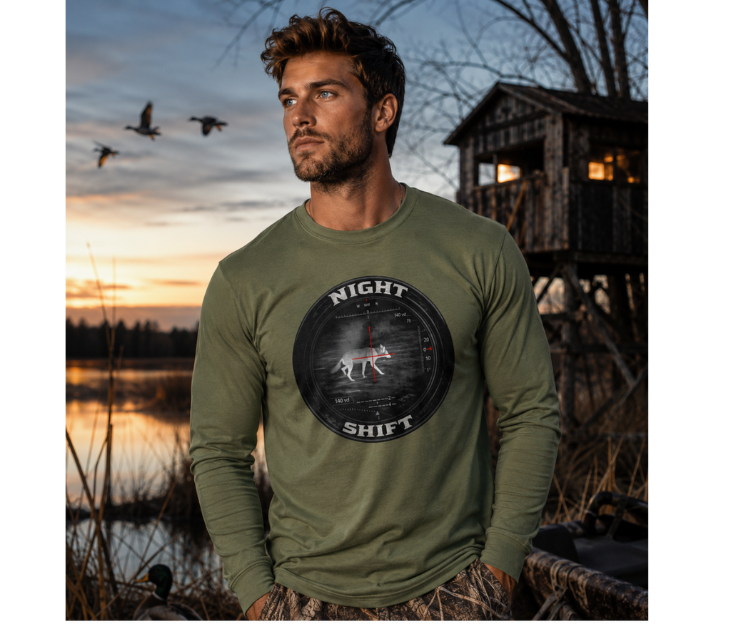 Night Shift Thermal Coyote Hunting Shirt | Predator Hunter Long Sleeve Tee | Night Vision Scope Graphic | Gift for Hunters | 3XL Available