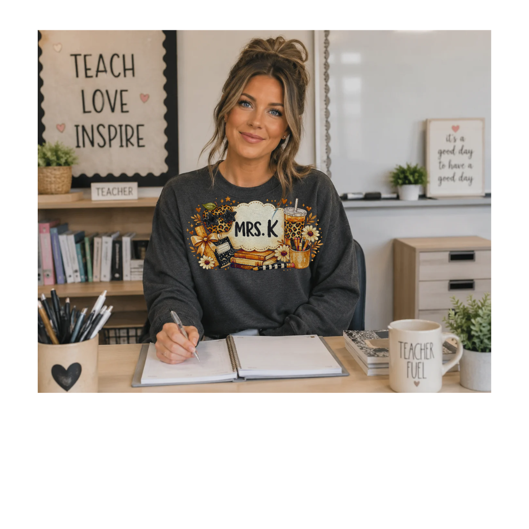 Personalized Teacher Sweatshirt | Custom Teacher Name Crewneck | Leopard Apple & Coffee Teacher Sweatshirt | Back to School Teacher Gift