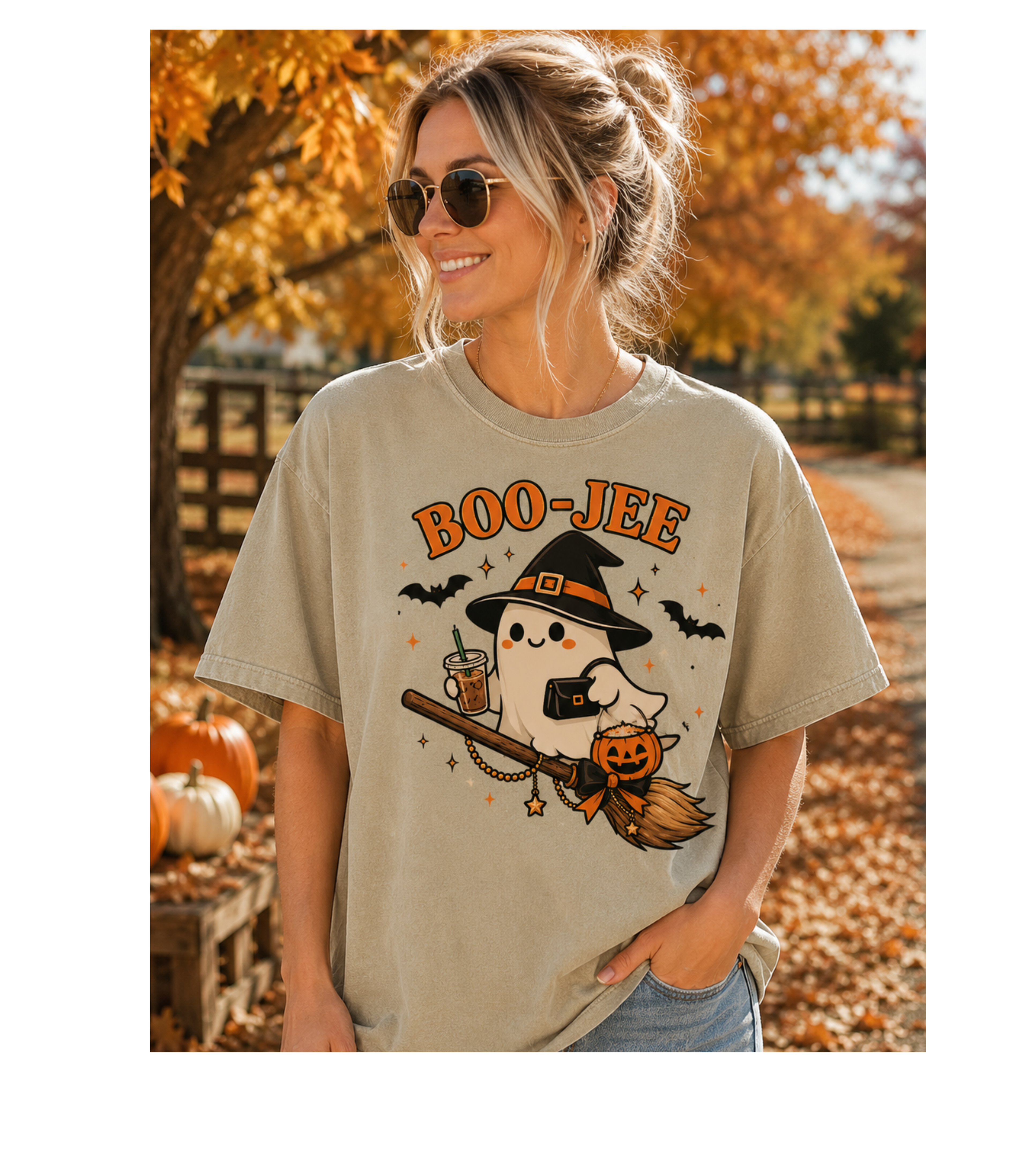 BOO-JEE Ghost Shirt | Cute Witch Ghost Riding Broom Coffee Halloween Graphic Tee | Spooky Season Comfort Colors T-Shirt