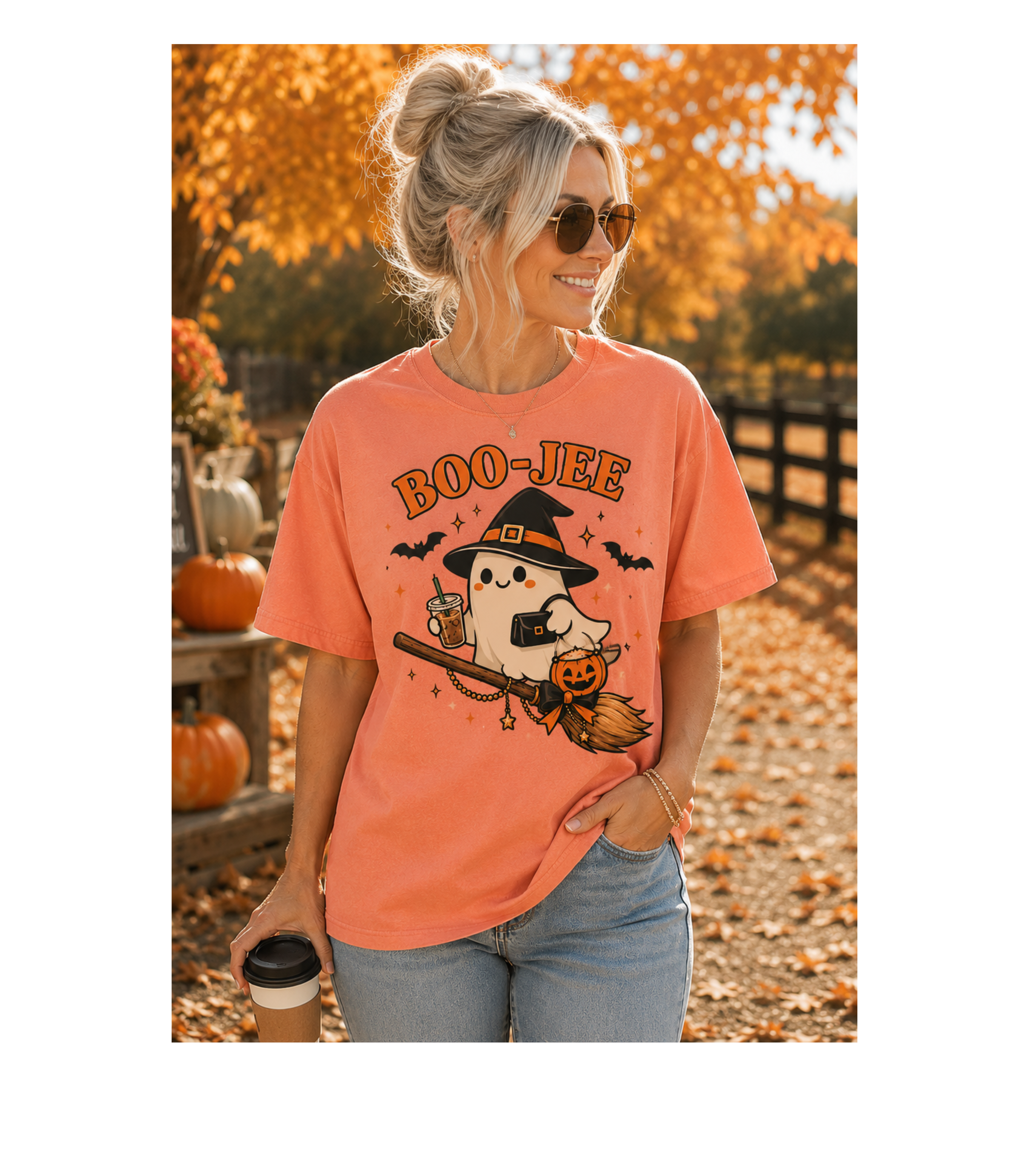 BOO-JEE Ghost Shirt | Cute Witch Ghost Riding Broom Coffee Halloween Graphic Tee | Spooky Season Comfort Colors T-Shirt