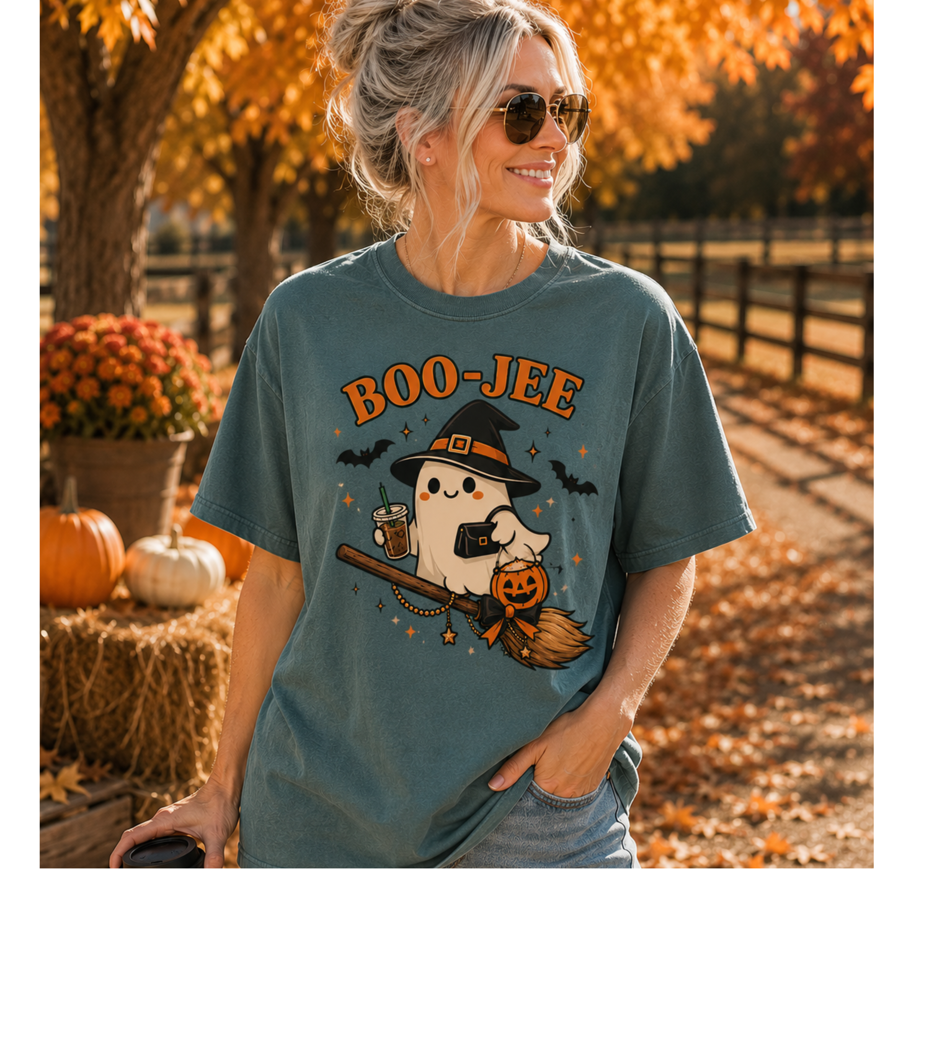 BOO-JEE Ghost Shirt | Cute Witch Ghost Riding Broom Coffee Halloween Graphic Tee | Spooky Season Comfort Colors T-Shirt