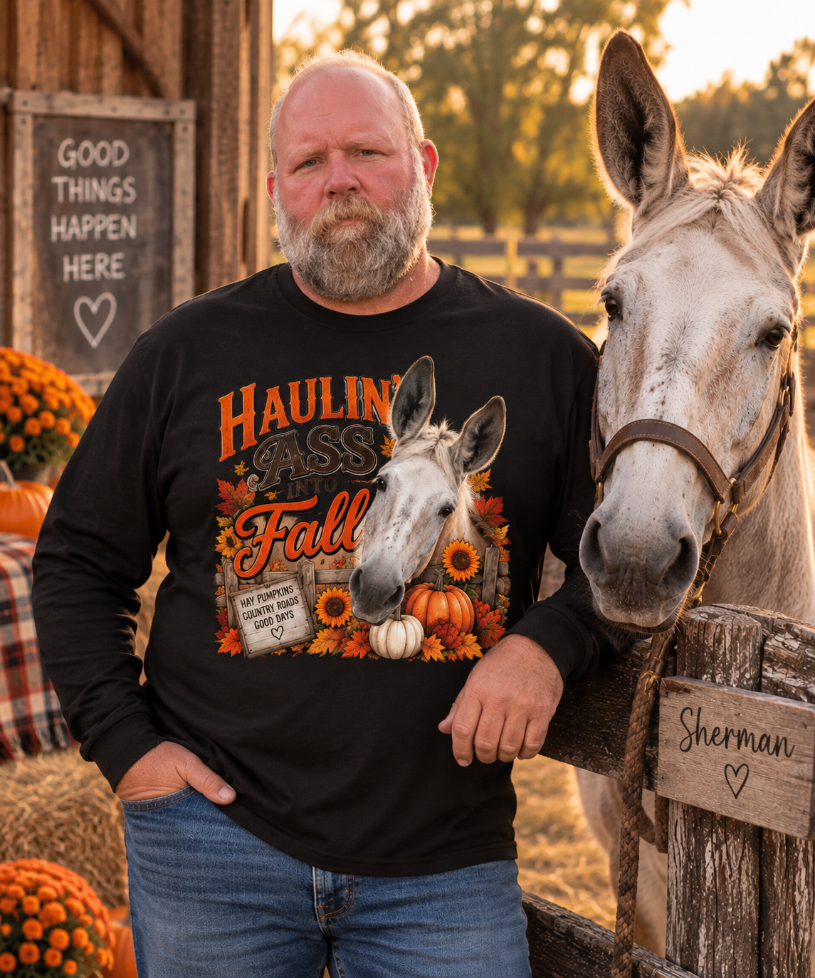 Funny Fall Mule Shirt, Haulin' Ass Into Fall Long Sleeve Tee, Country Farm Shirt, Autumn Mule Lover Gift