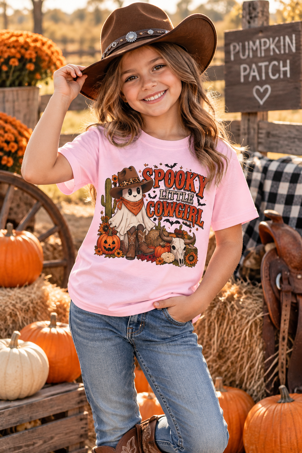 Spooky Little Cowgirl Kids Shirt, Western Halloween Tee, Girls Ghost Shirt, Fall Cowgirl Outfit
