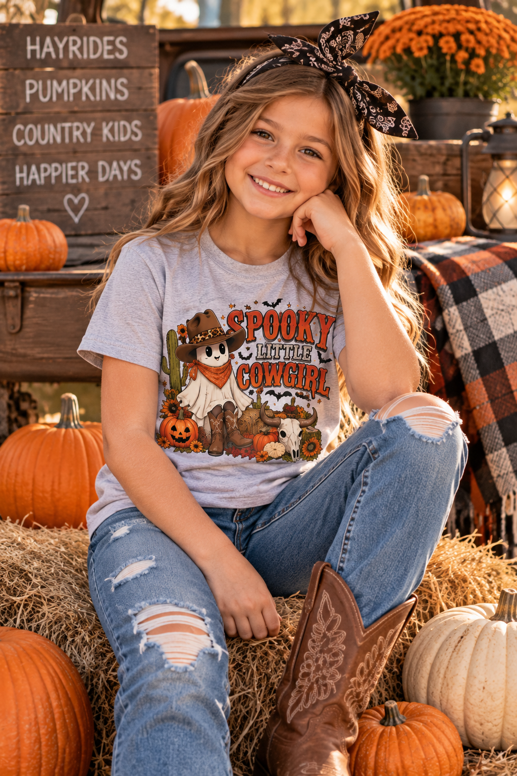 Spooky Little Cowgirl Kids Shirt, Western Halloween Tee, Girls Ghost Shirt, Fall Cowgirl Outfit