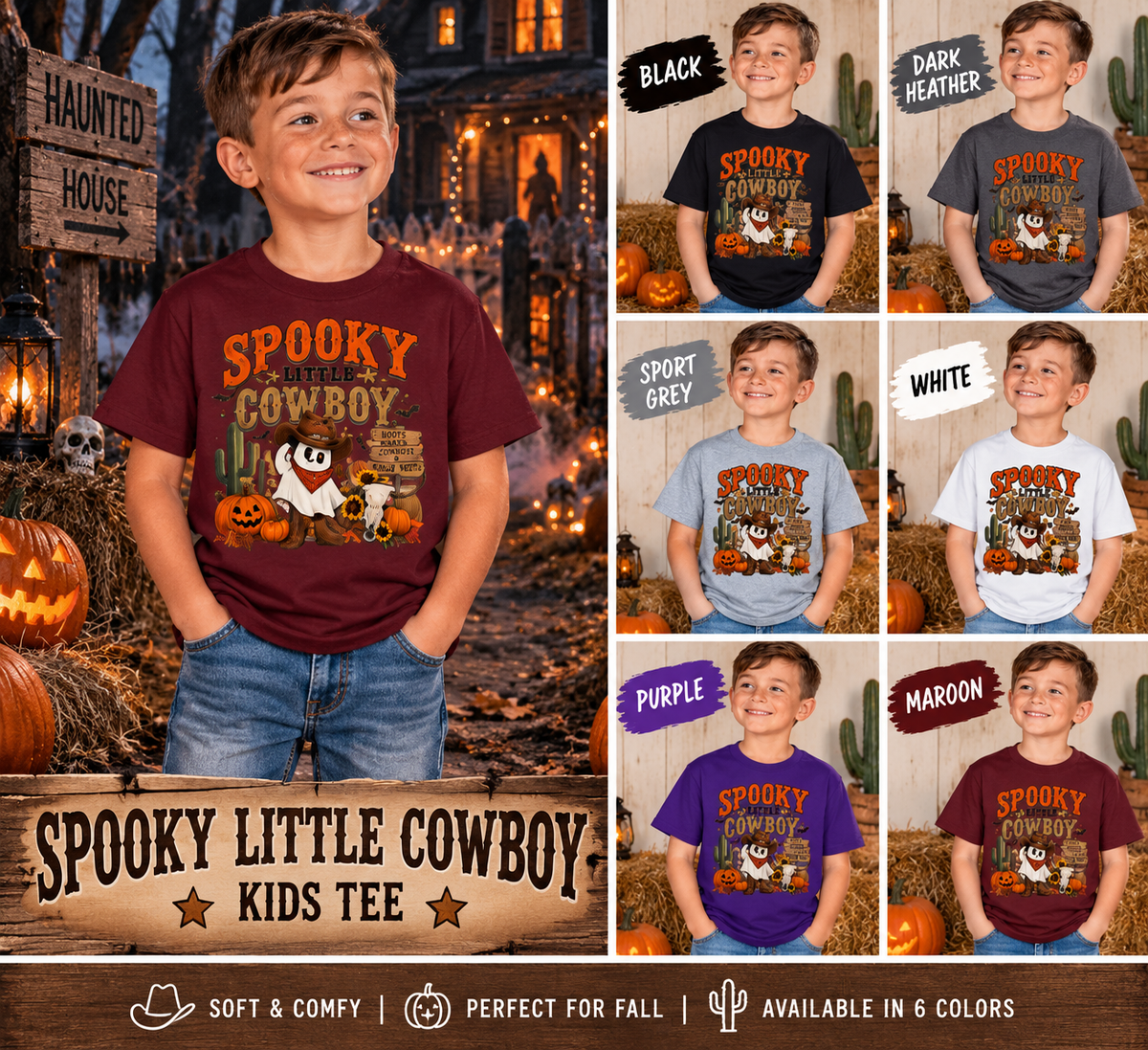 Spooky Little Cowboy Kids Shirt, Western Halloween Tee, Pumpkin Cowboy Ghost Shirt