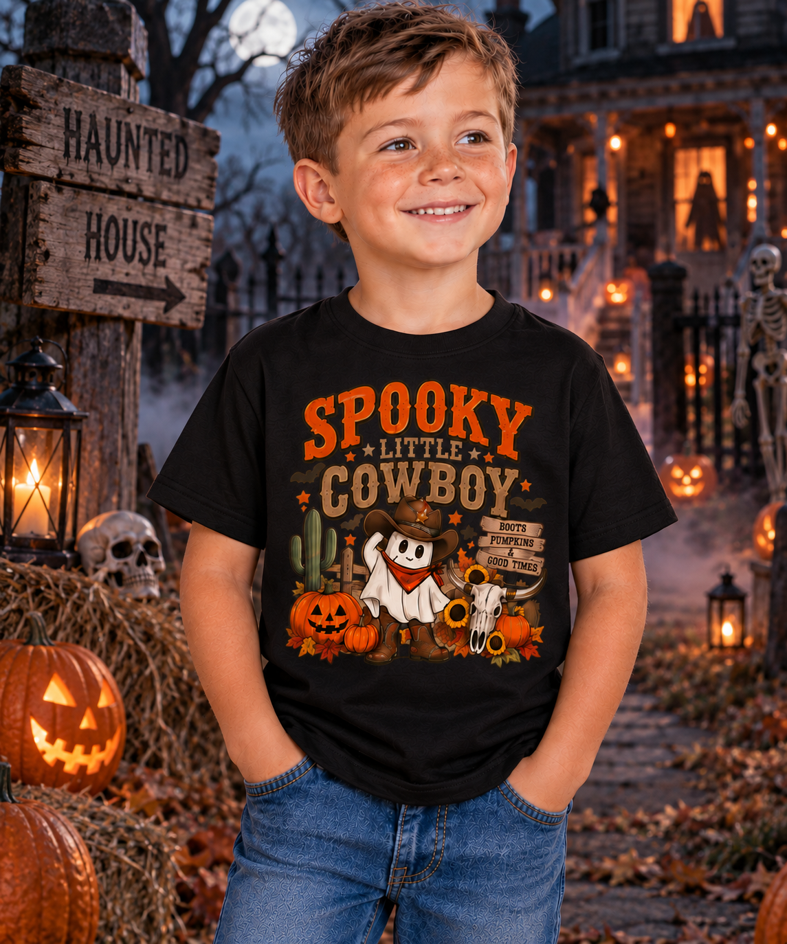 Spooky Little Cowboy Kids Shirt, Western Halloween Tee, Pumpkin Cowboy Ghost Shirt