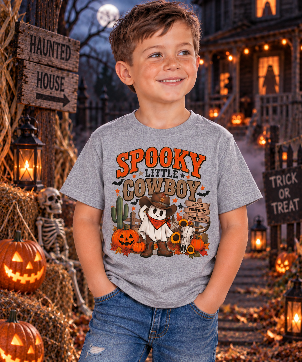 Spooky Little Cowboy Kids Shirt, Western Halloween Tee, Pumpkin Cowboy Ghost Shirt