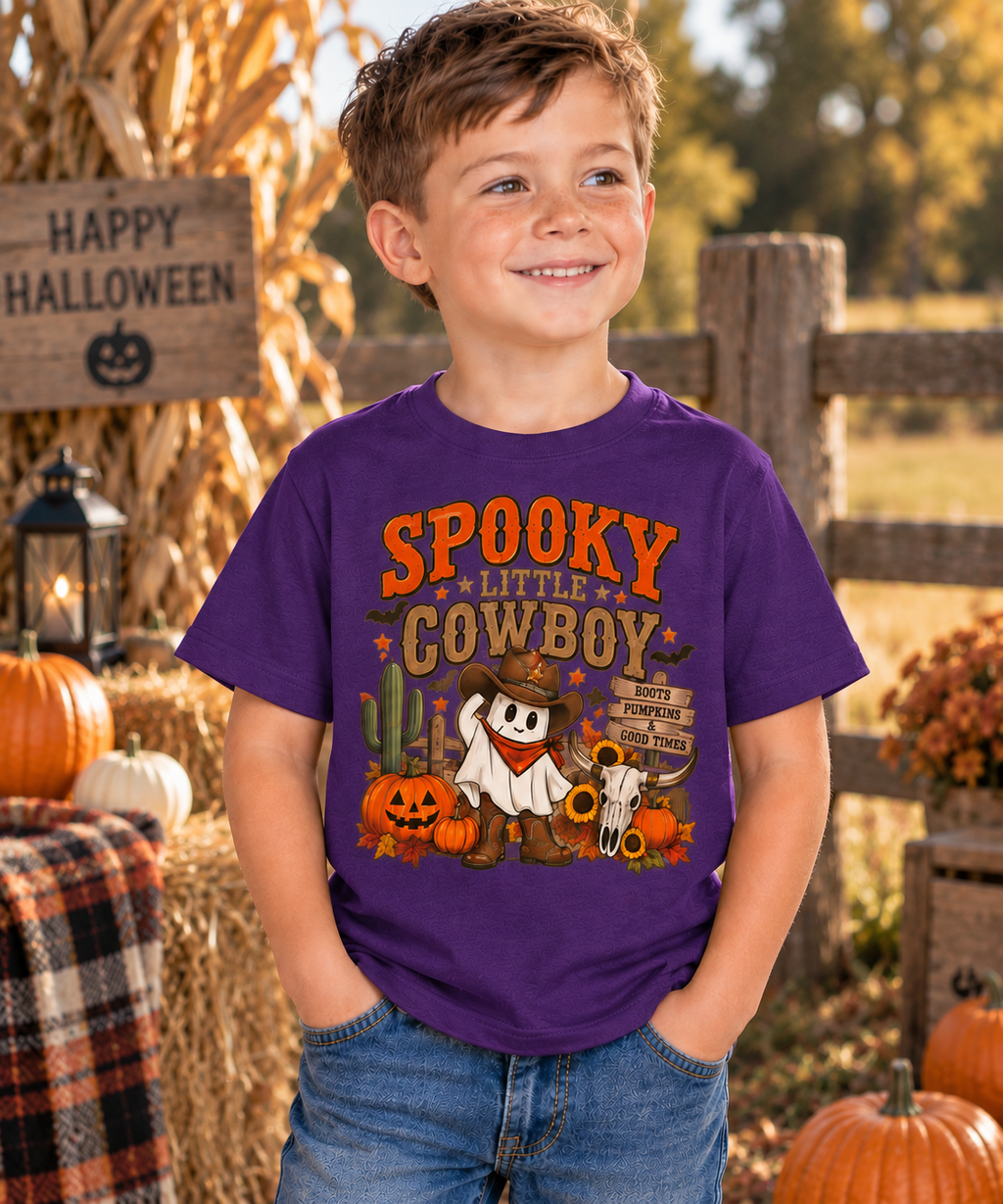 Spooky Little Cowboy Kids Shirt, Western Halloween Tee, Pumpkin Cowboy Ghost Shirt